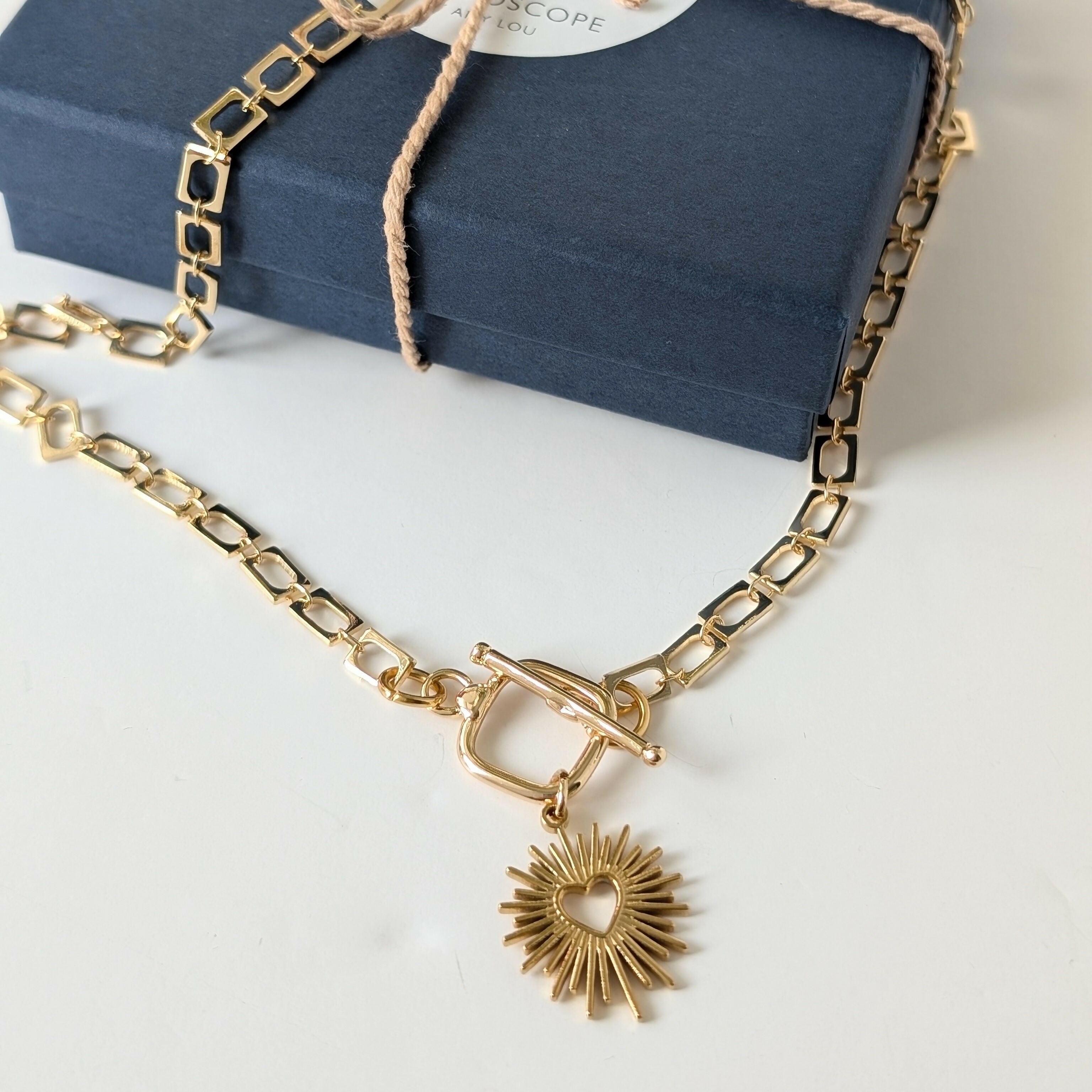 Sacred Heart Gold Toggle Necklace on Rectangular Gold Plated Chain