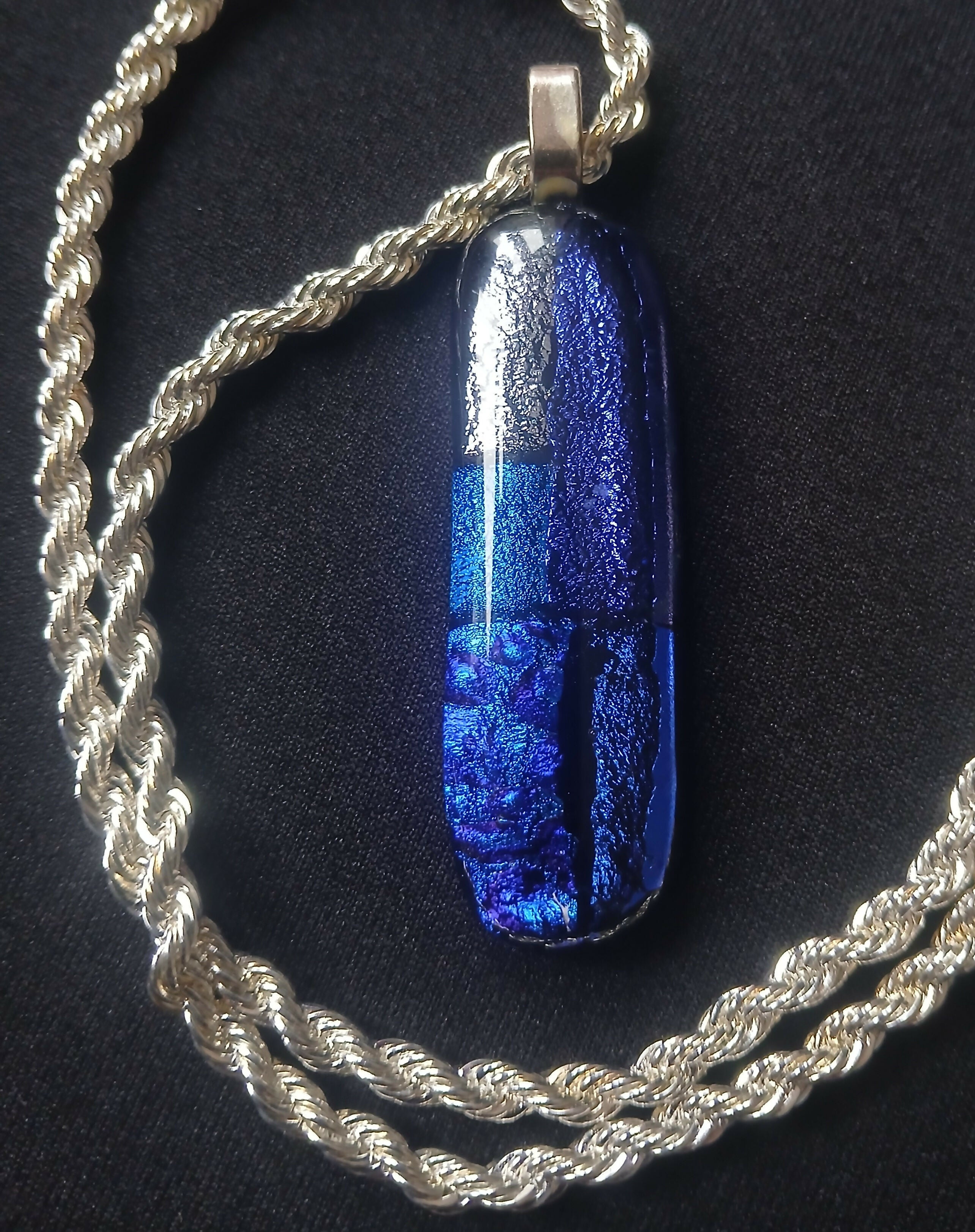 Fused Dichroic Glass Pendant With a Chain Necklace (Blues and Silver)