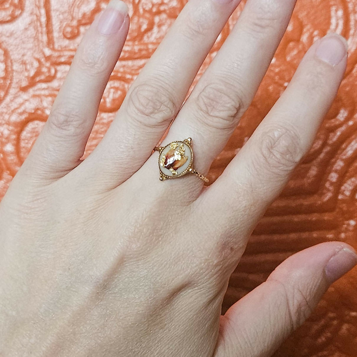 Handmade Dried Flower And Gold Leaf Resin And Stainless Steel Adjustable Ring