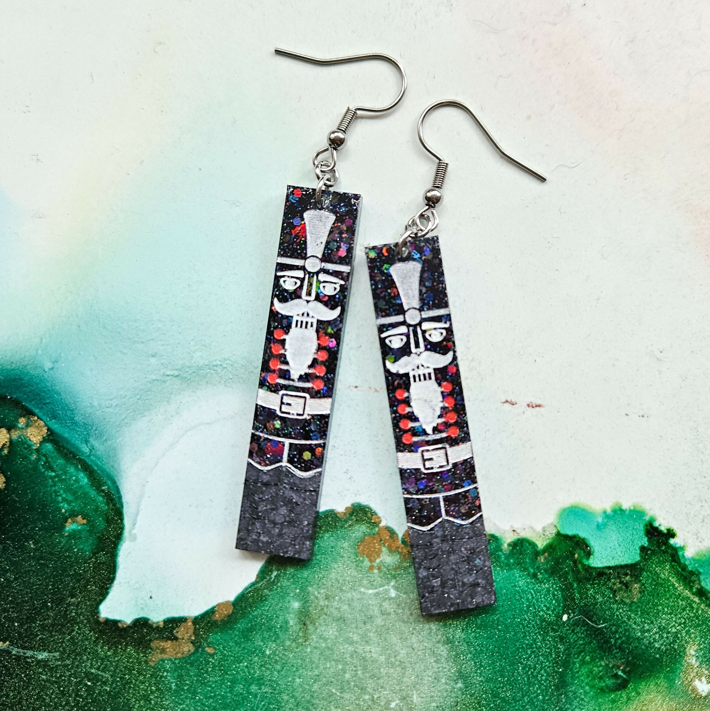 Handmade Black Glitter Nutcracker Christmas Resin Earrings