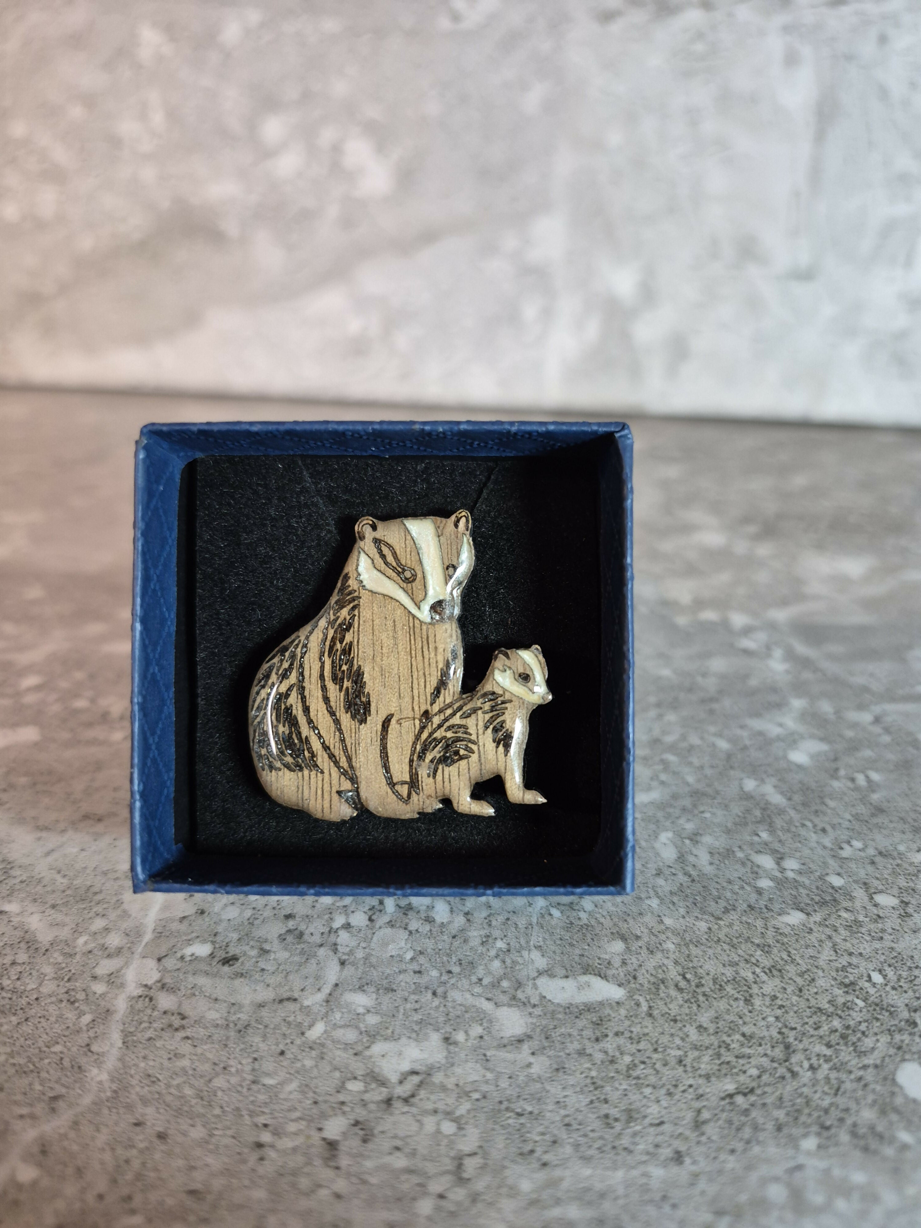 Handcrafted Walnut Veneered Badger and Cub Pin