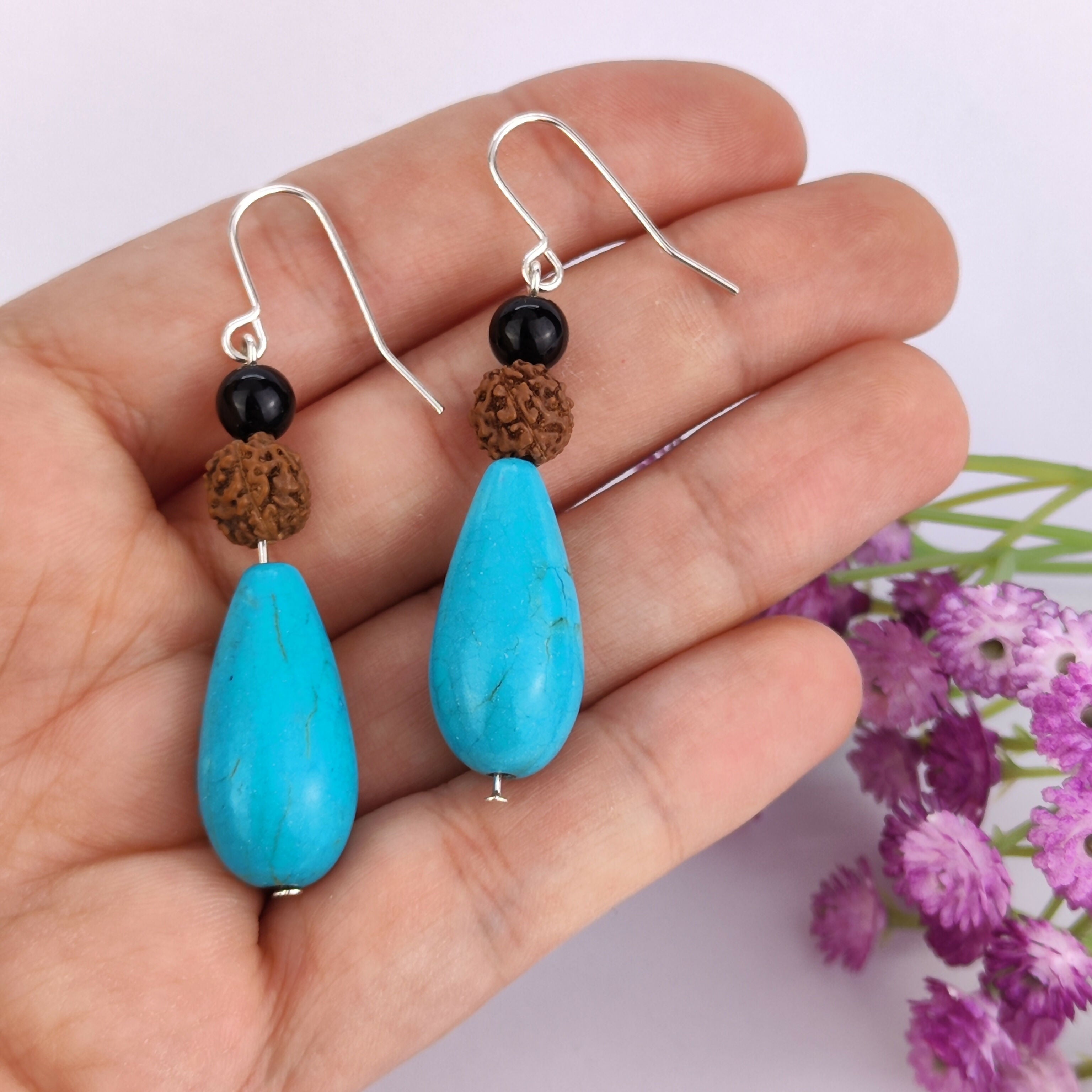 Gemstone Earrings - Onyx, Rudraksha, Turquoise