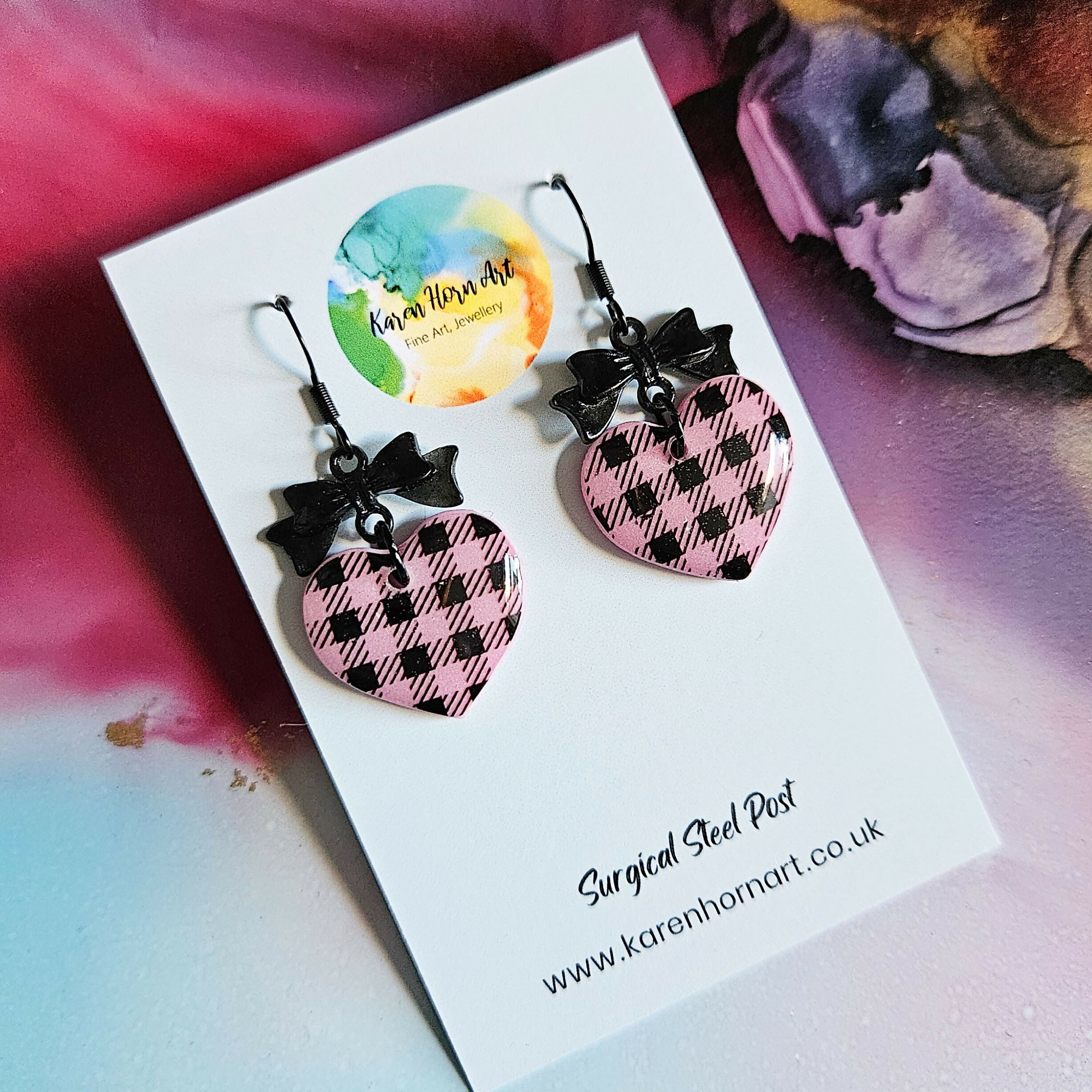 Handmade Resin Pink Check Hearts And Black Bow Drop Earrings