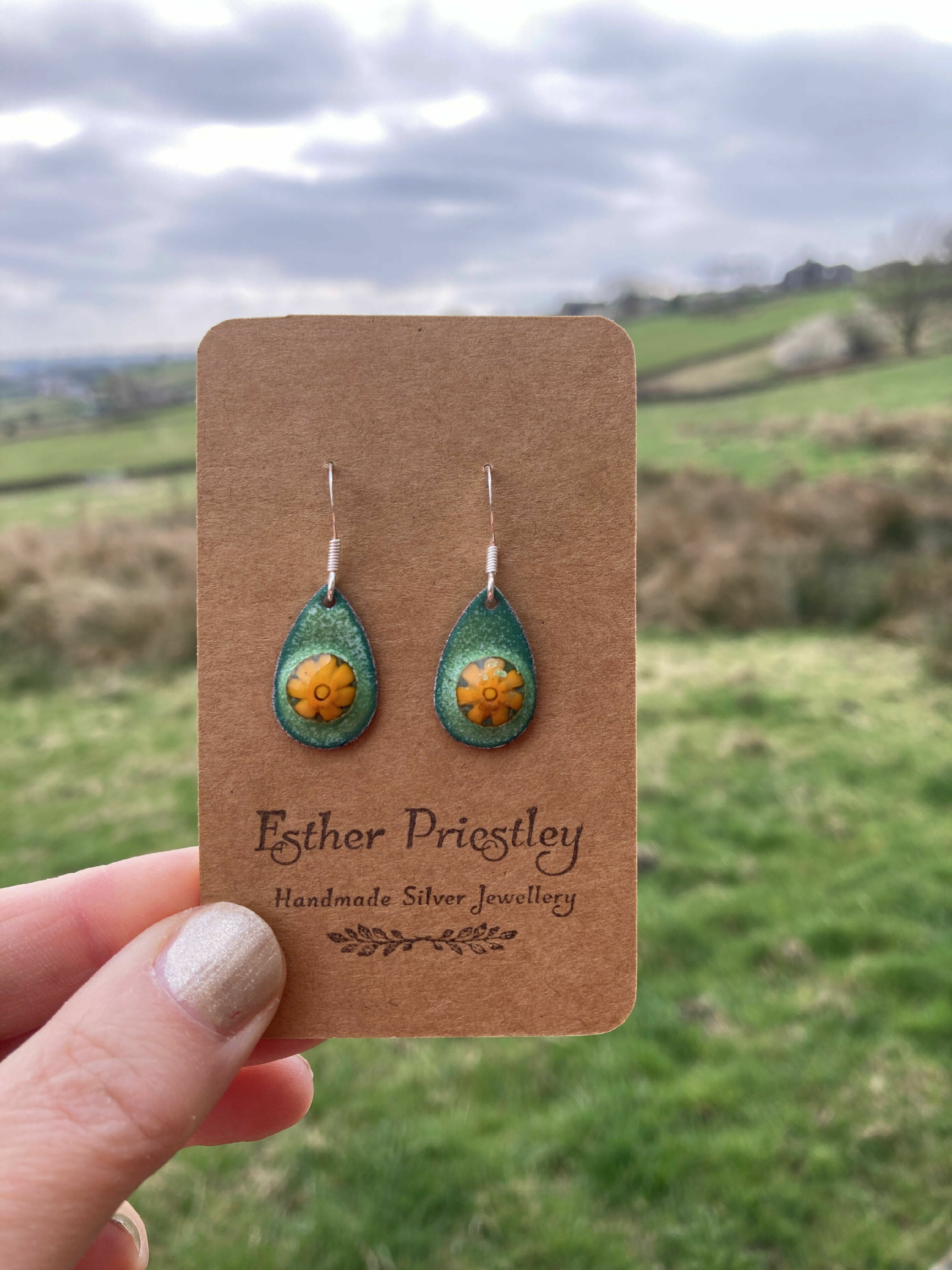 Green and Silver Enamel and Copper Earrings