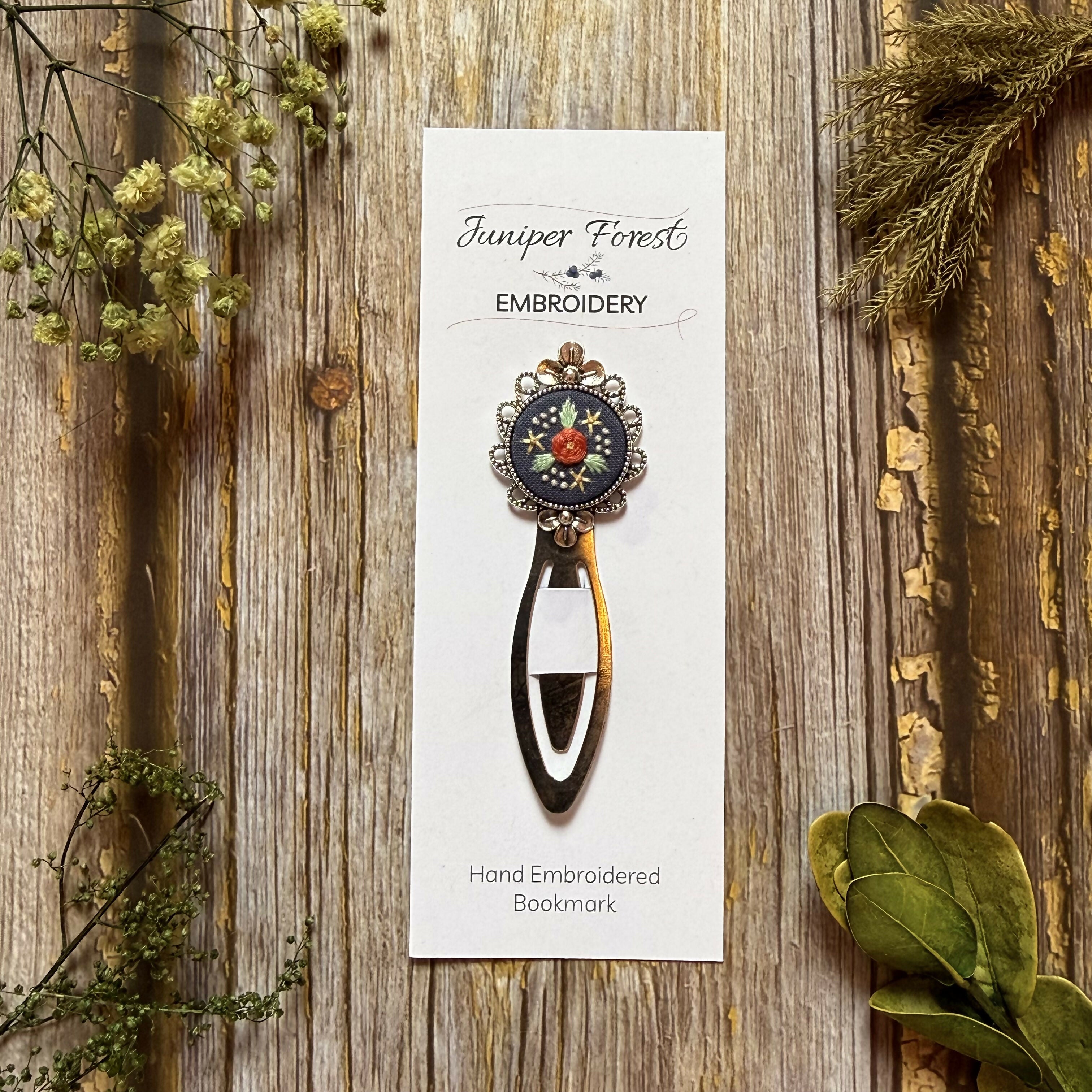 Silver Hand Embroidered Floral Bookmark