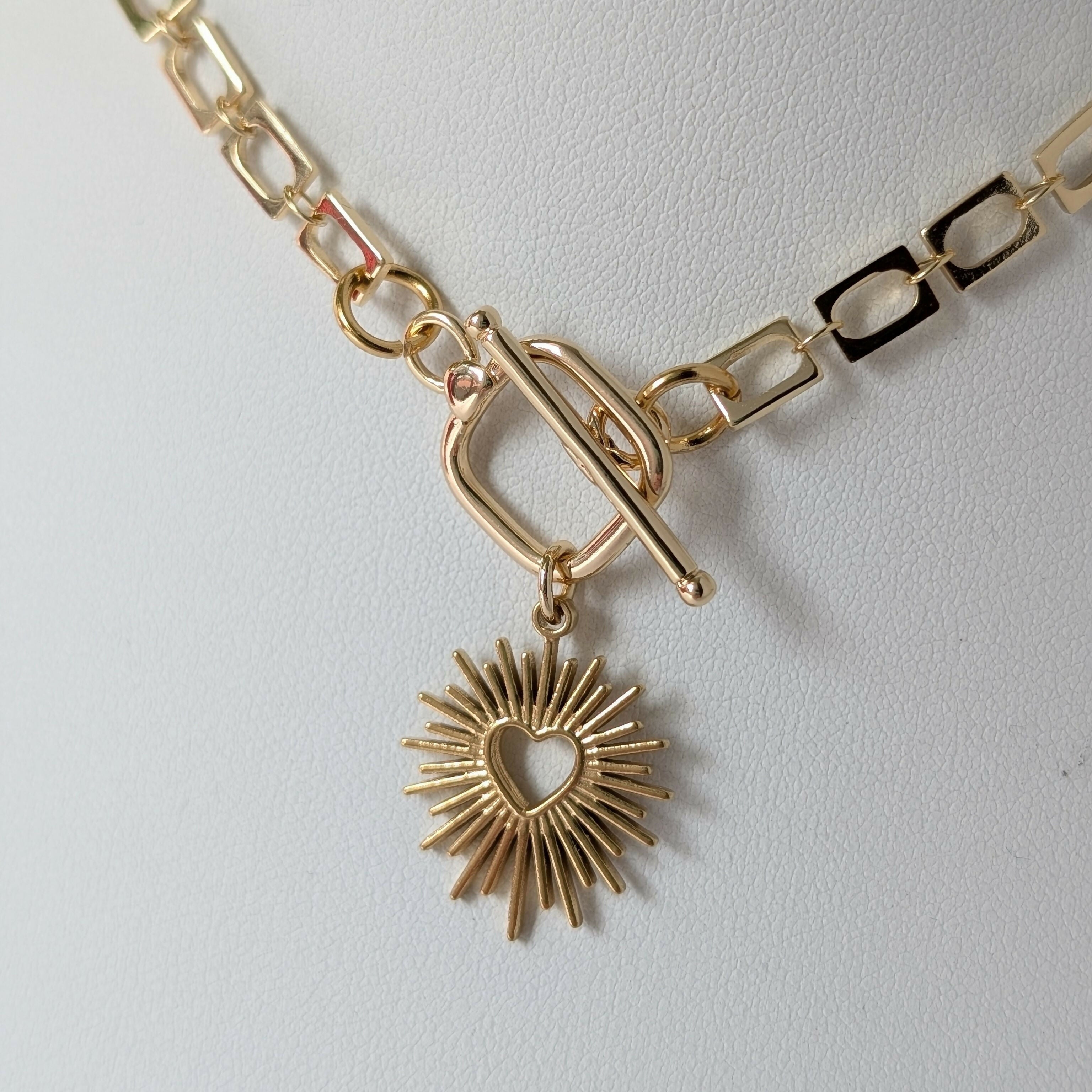 Sacred Heart Gold Toggle Necklace on Rectangular Gold Plated Chain