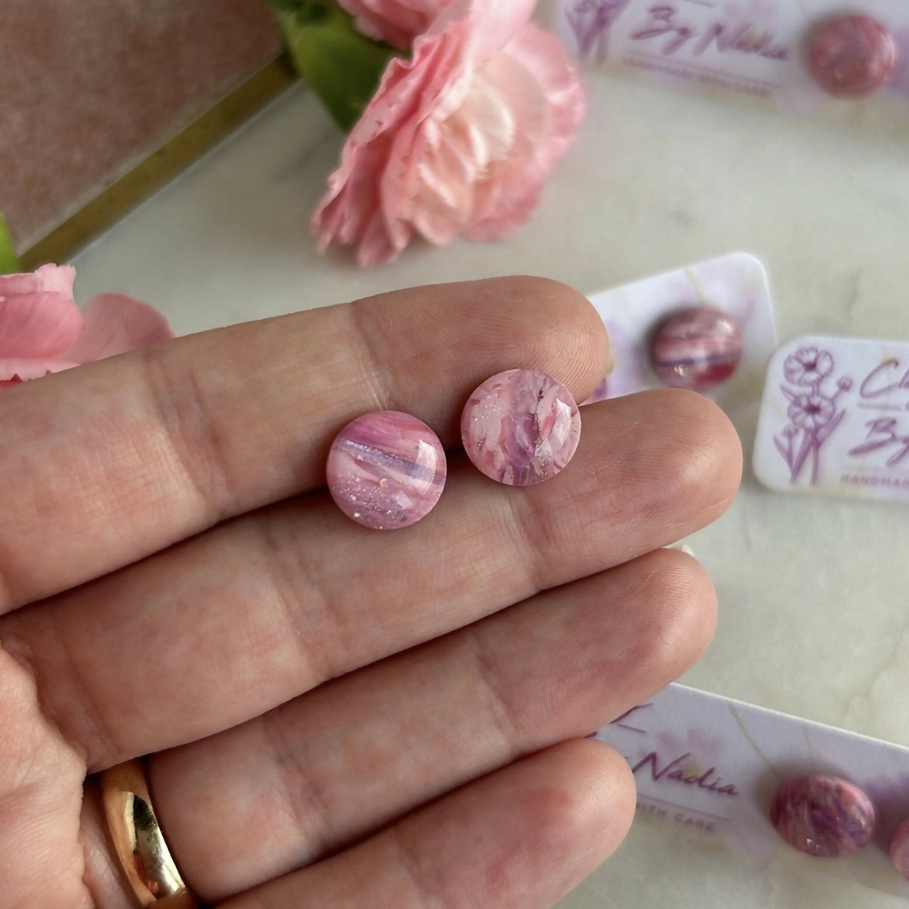 Round Pink Marble Pattern Studs