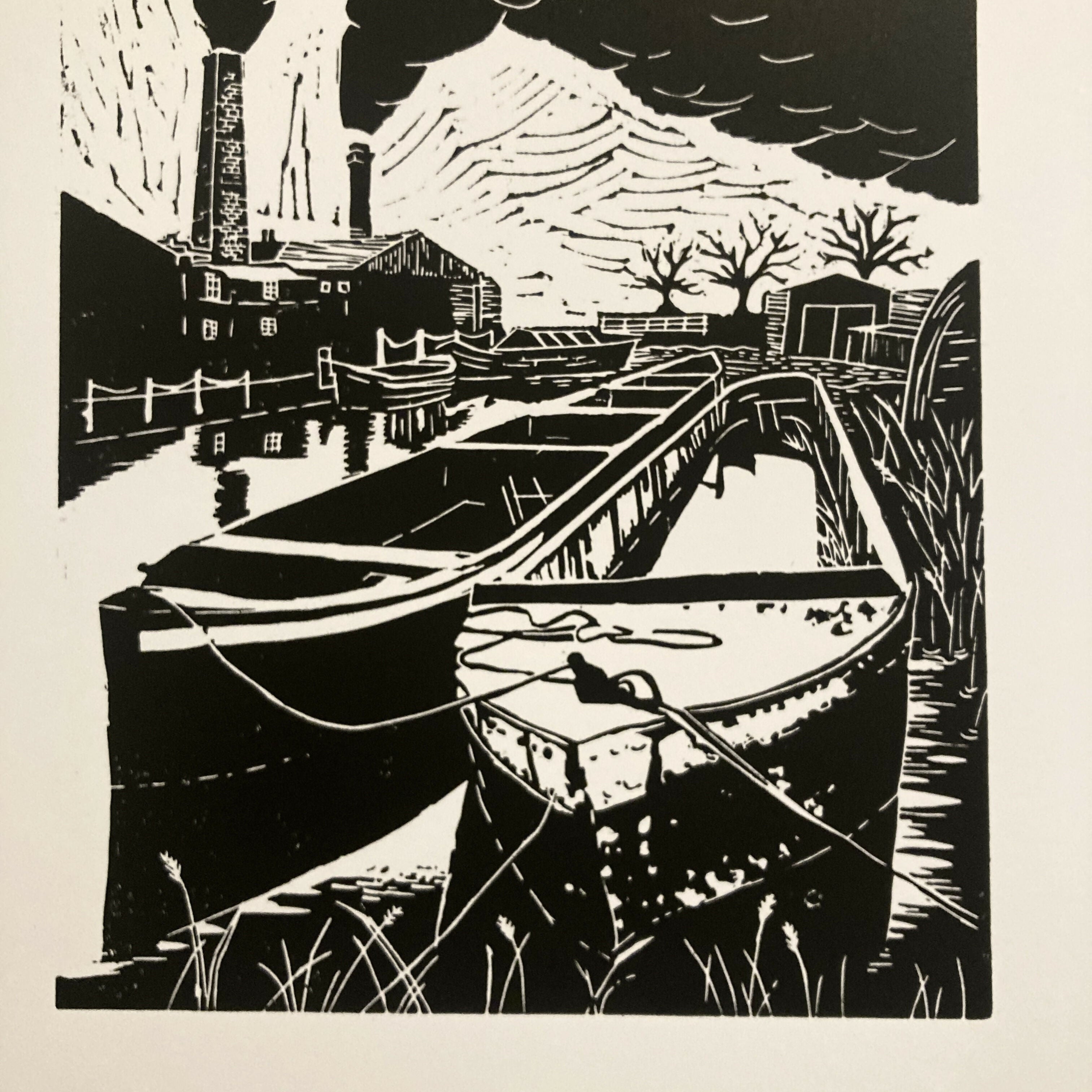 Black Country Barges - A3 Hand Carved Lino Print On Card