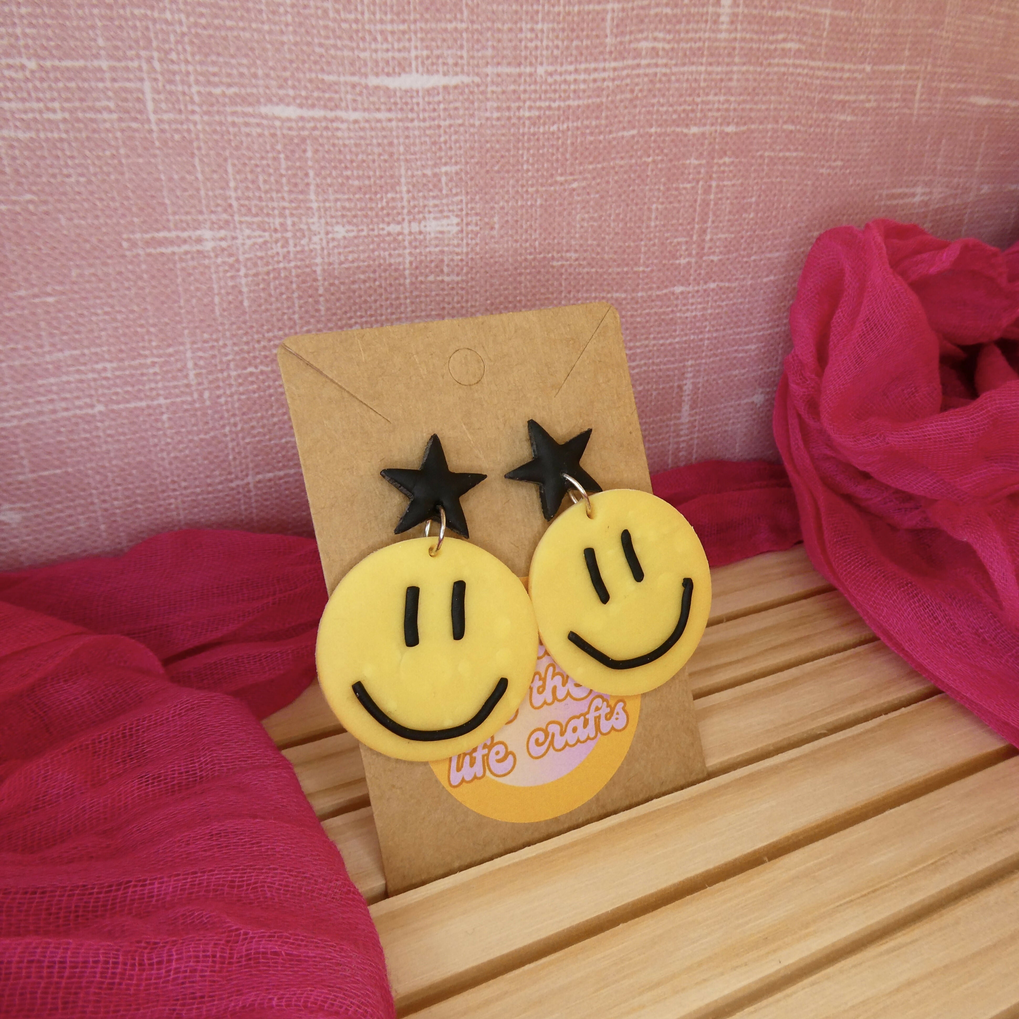 Yellow And Black UV Ravey Smiley Face Polymer Clay Earrings