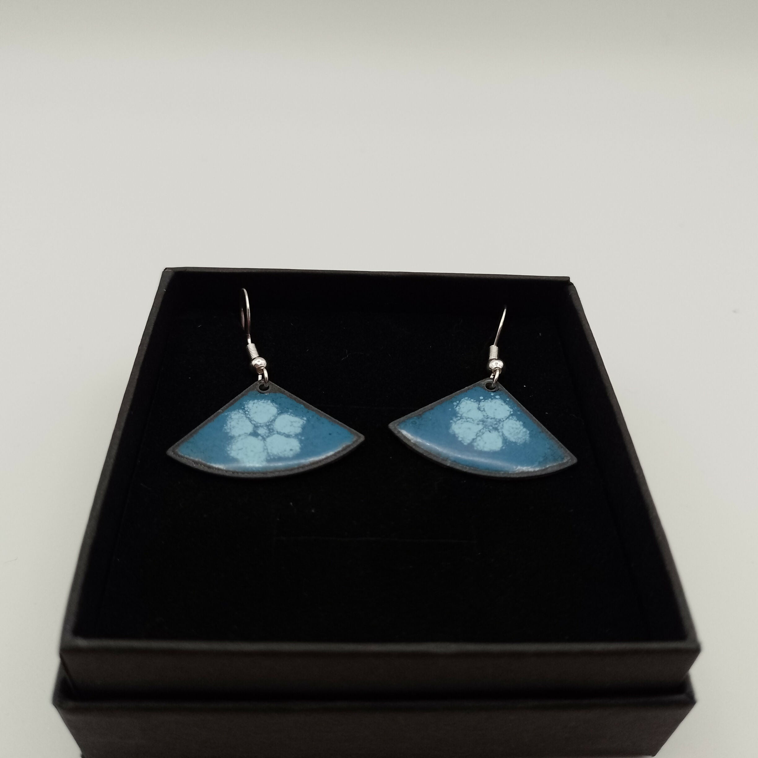 Blue Fan with a White Flower Enamel Earrings
