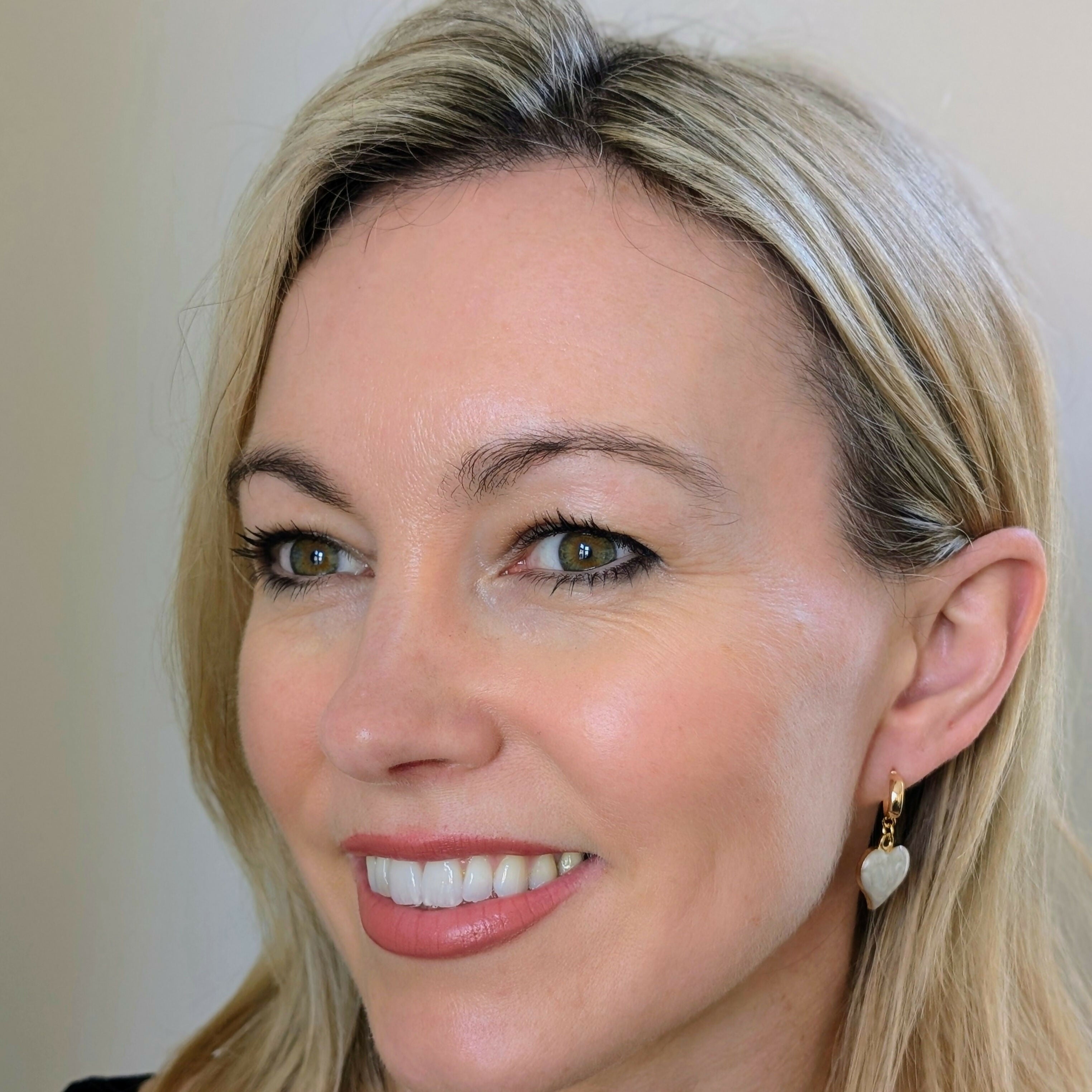 Cream Marbled Enamel Gold Heart Earrings on a Gold Plated Half Loop Huggie Stud