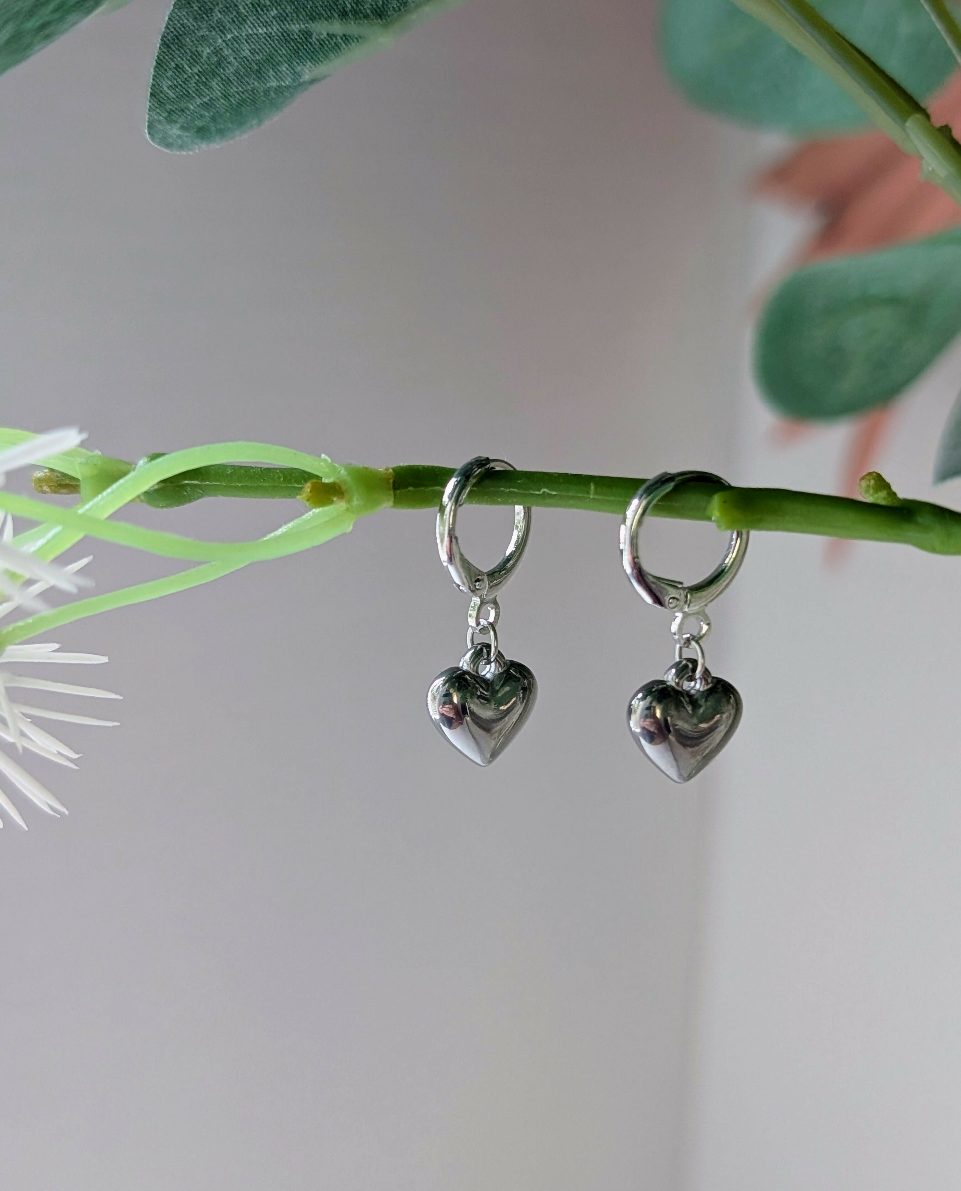 Chunky Silver 3D Heart Charm Huggie Earrings