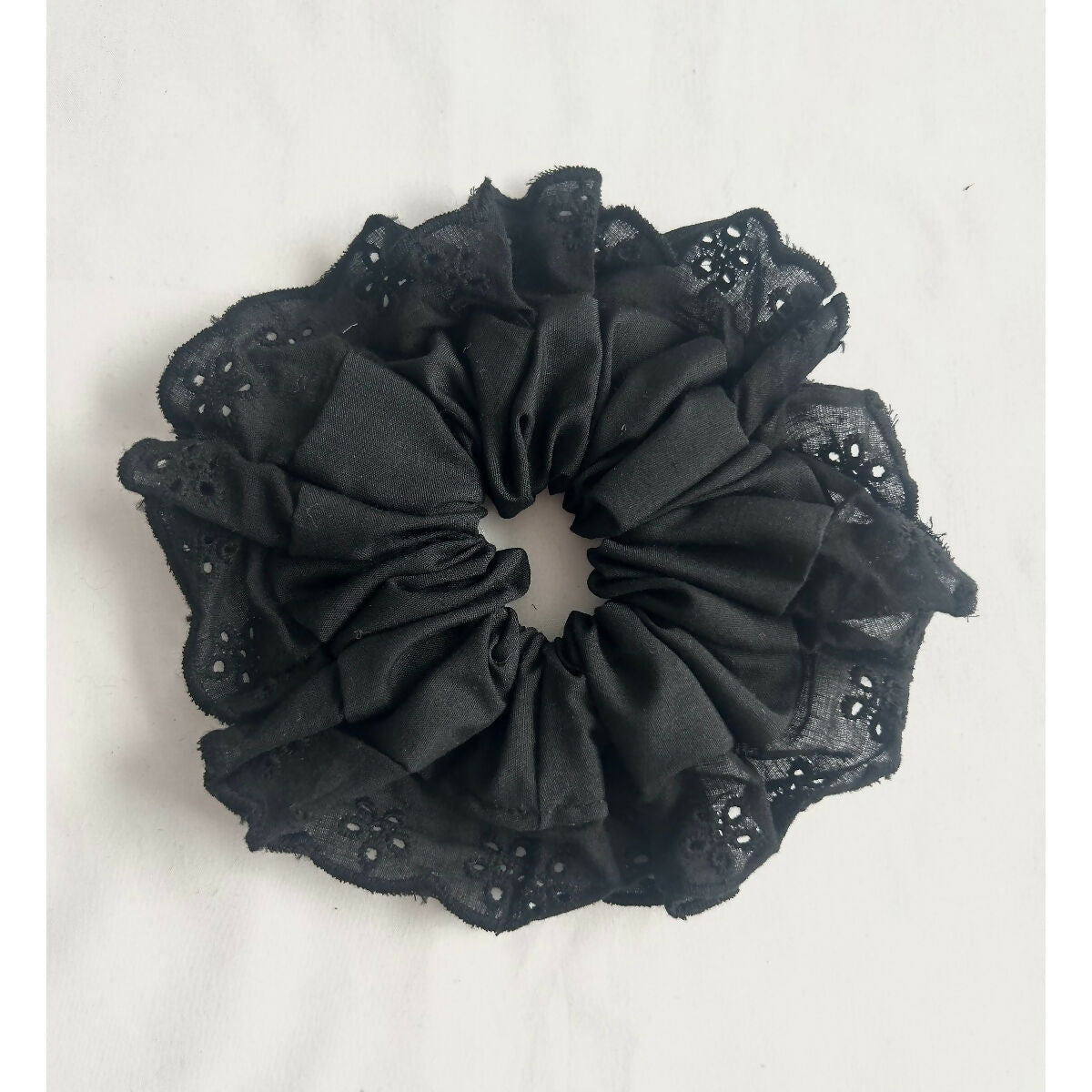 Black Oversized Ruffle Broderie Lace Hair Scrunchie