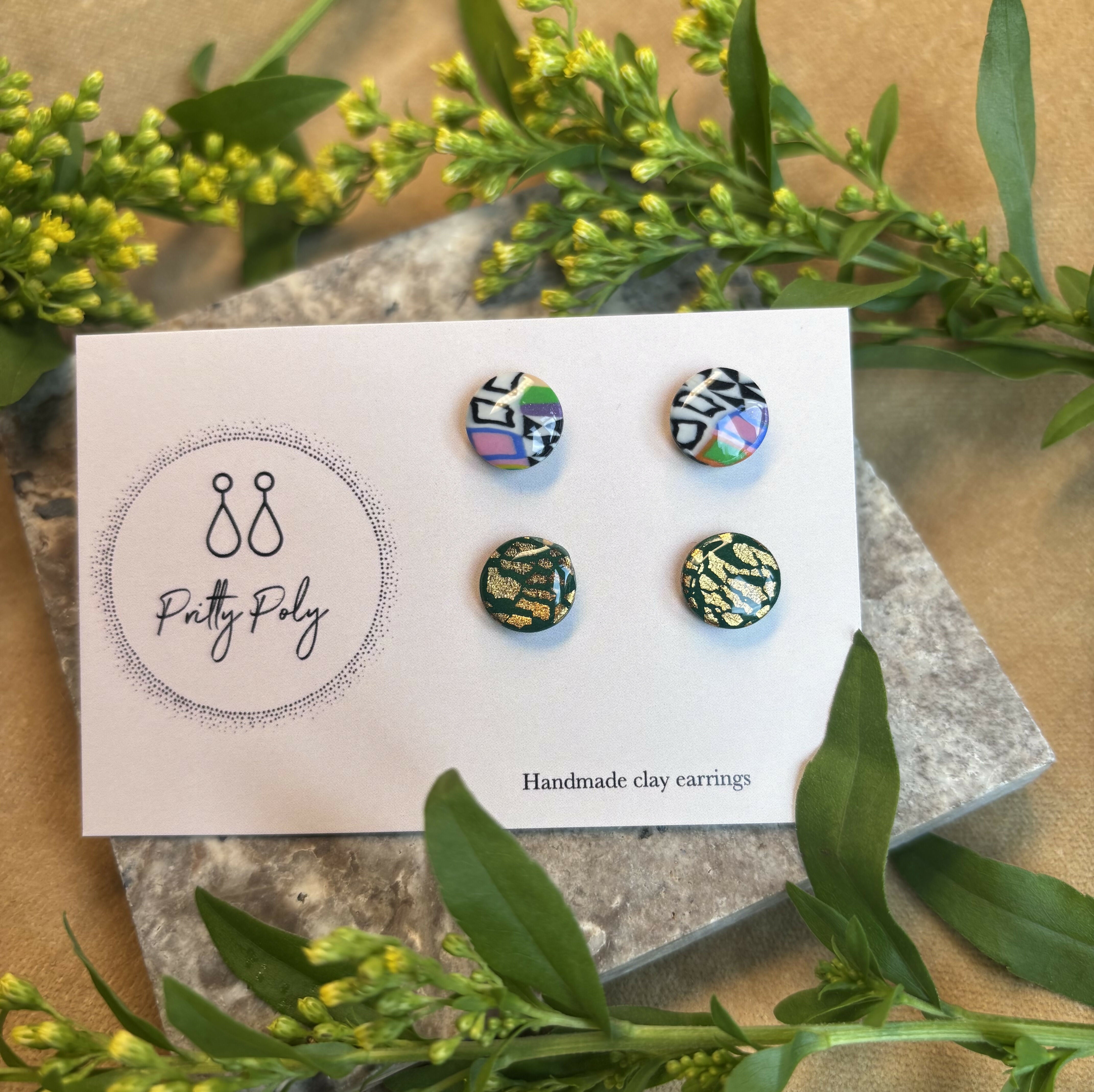 Polymer Clay Stud Pack - Colour Pattern and Green Gold