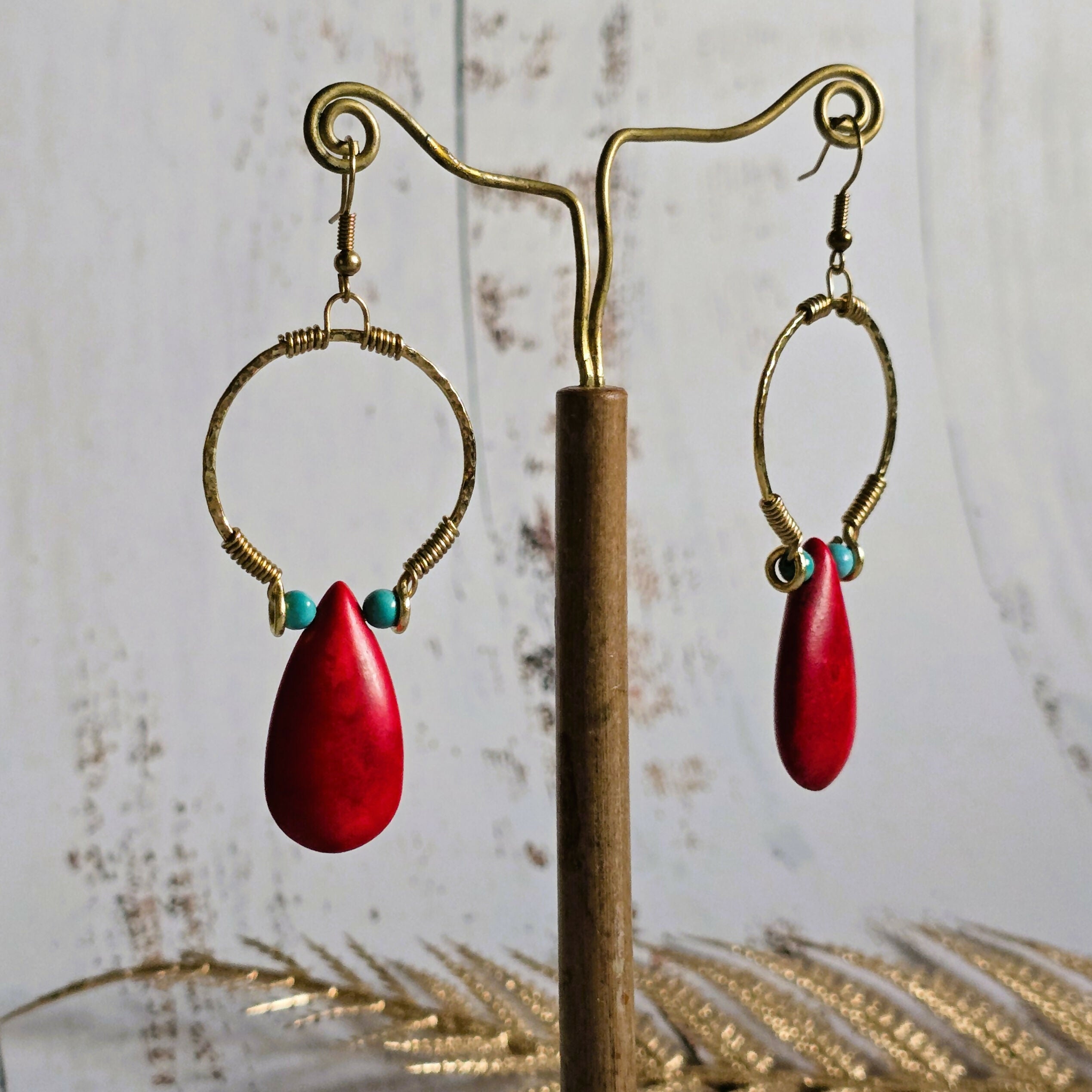Red Howlite Gold Hoop Earrings; Hammered Brass Wire Red Crystal Turquoise Statement Earrings