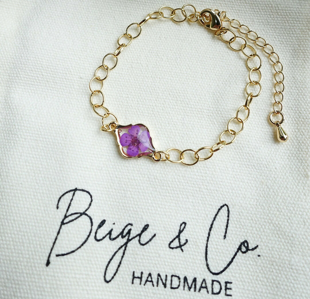 Real Pressed Flower Gold Bracelet - Purple