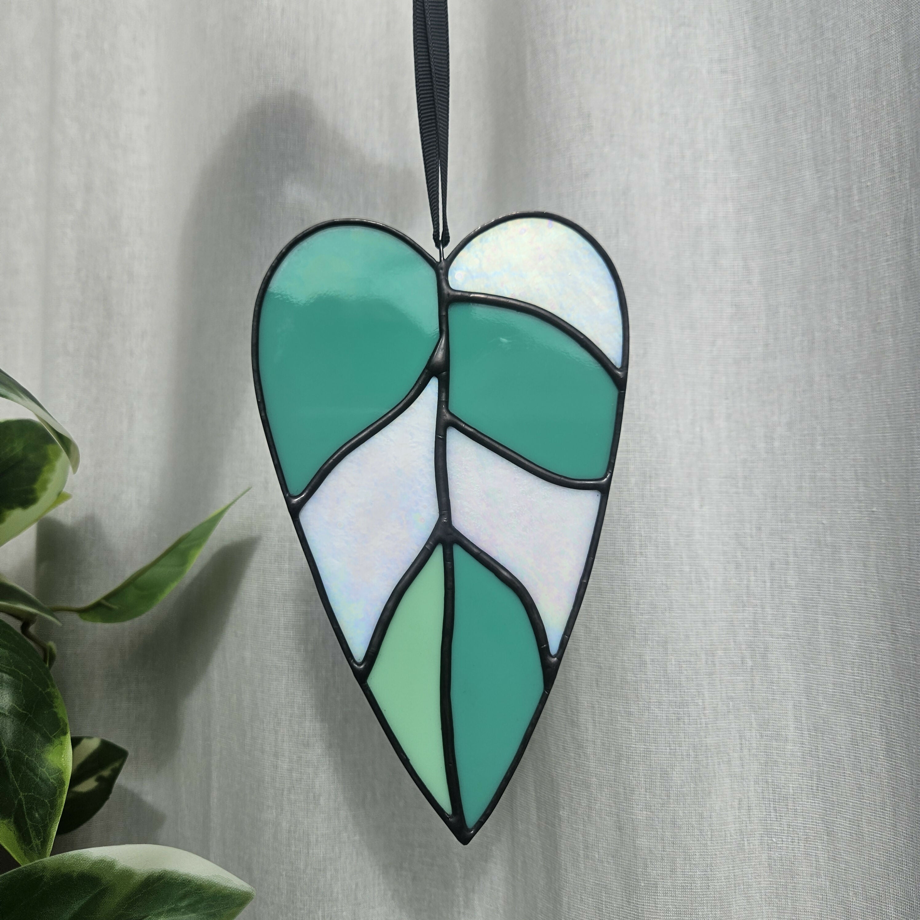 Opaque Variegated Philodendron Leaf Stained Glass Decoration