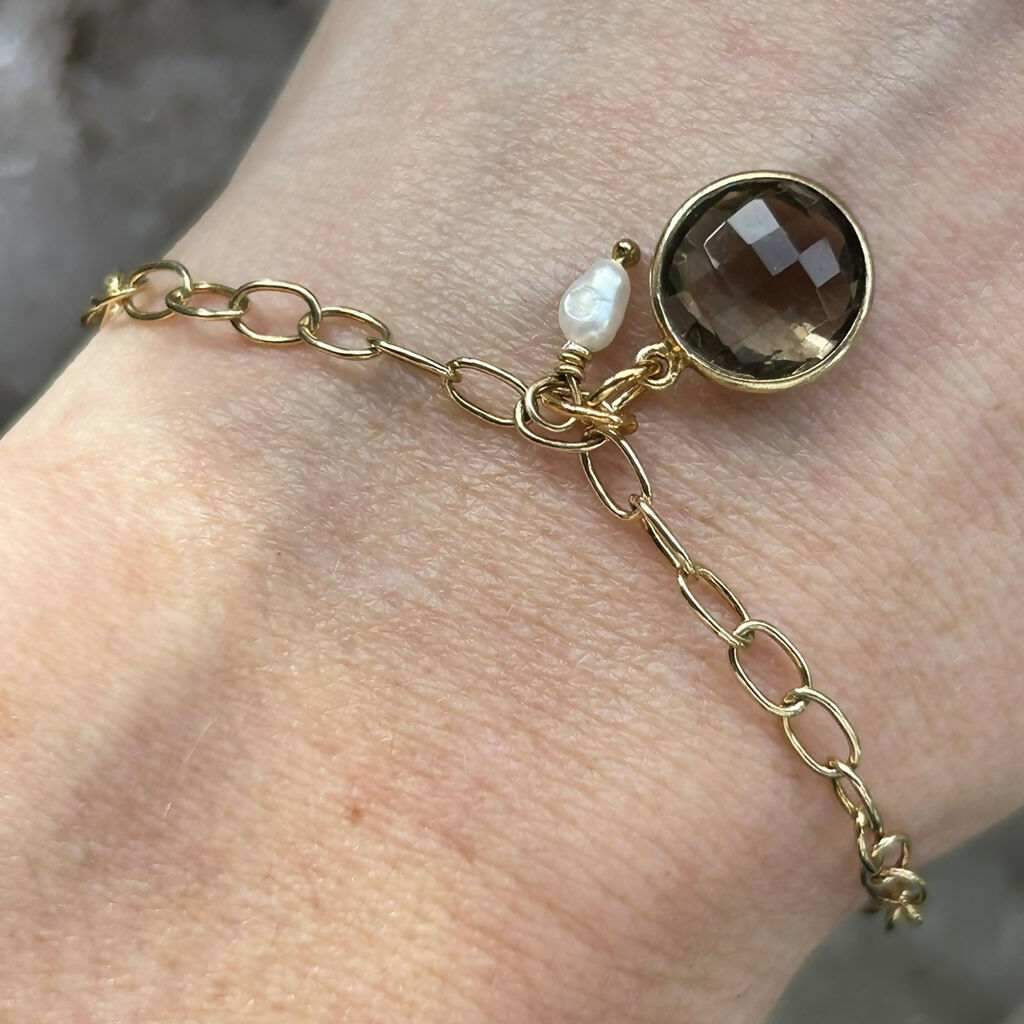 Handmade Gold Vermeil Smokey Quartz And Fresh Water Pearl Cable Chain Bracelet