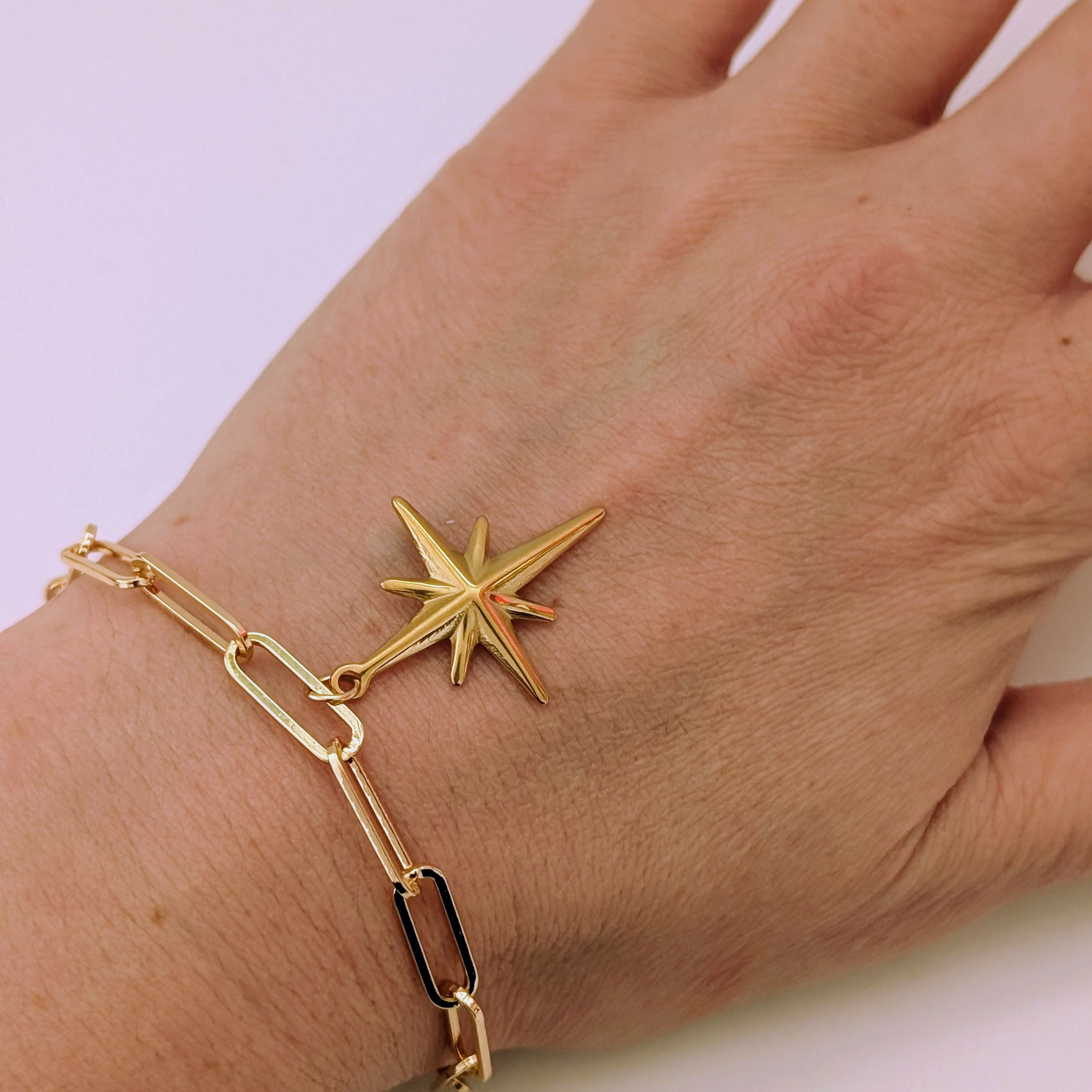 Gold North Star Bracelet on Paperclip Chain