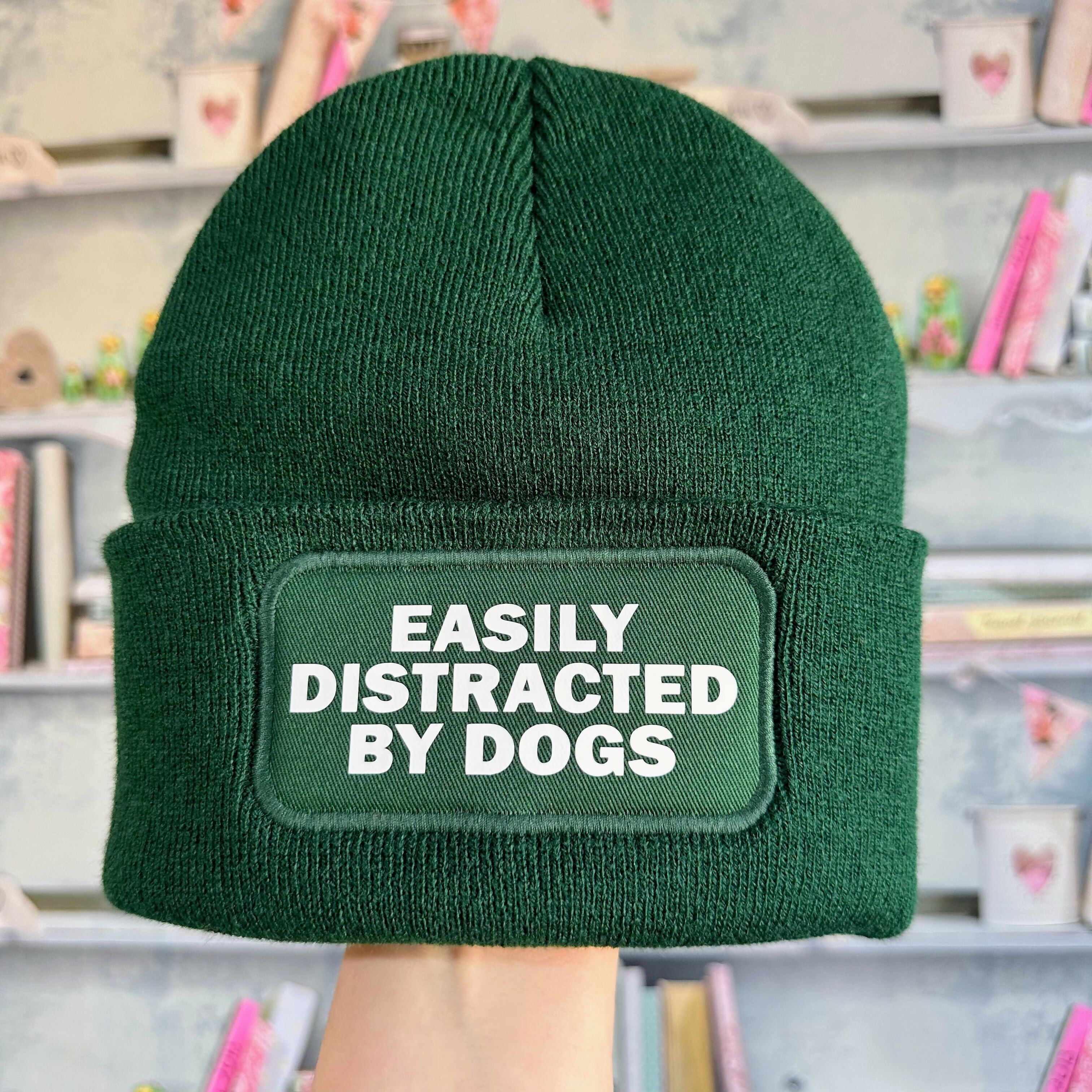 Easily Distracted By Dogs Cuffed Rectangular Patch Beanie Hat