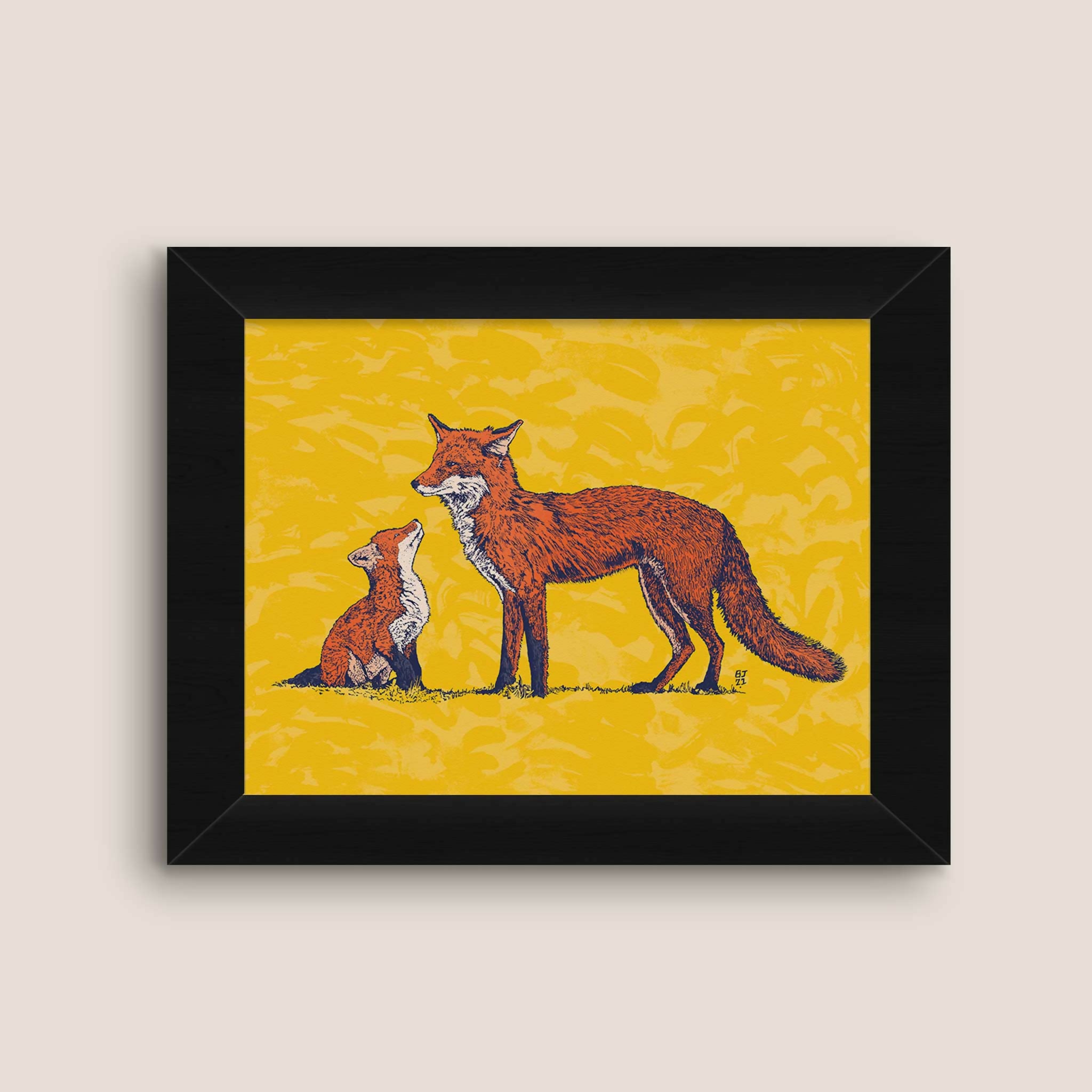 Fox and Cub Art Print – Woodland Animal Wall Art