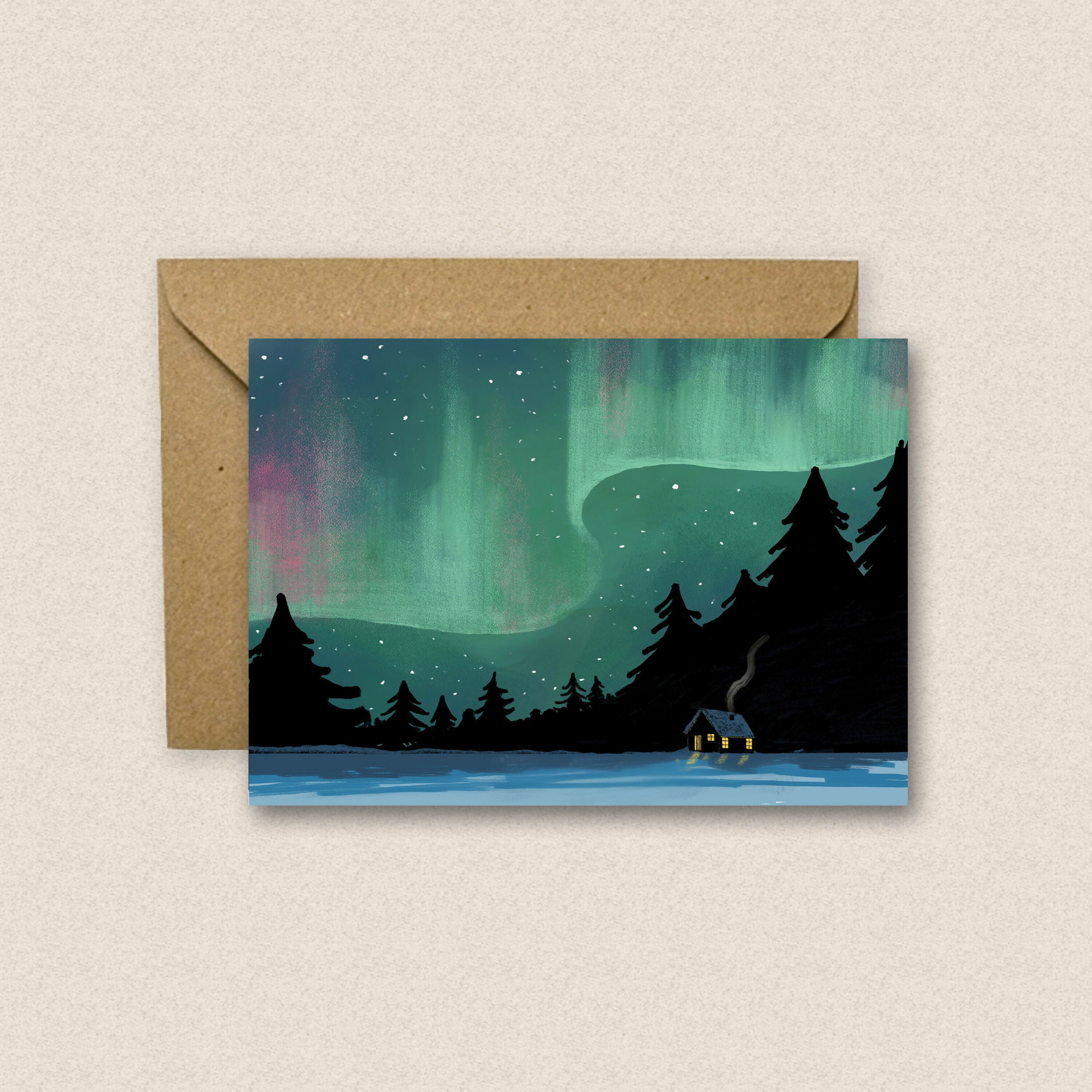 Northern Lights Cabin Illustrated Greetings Card