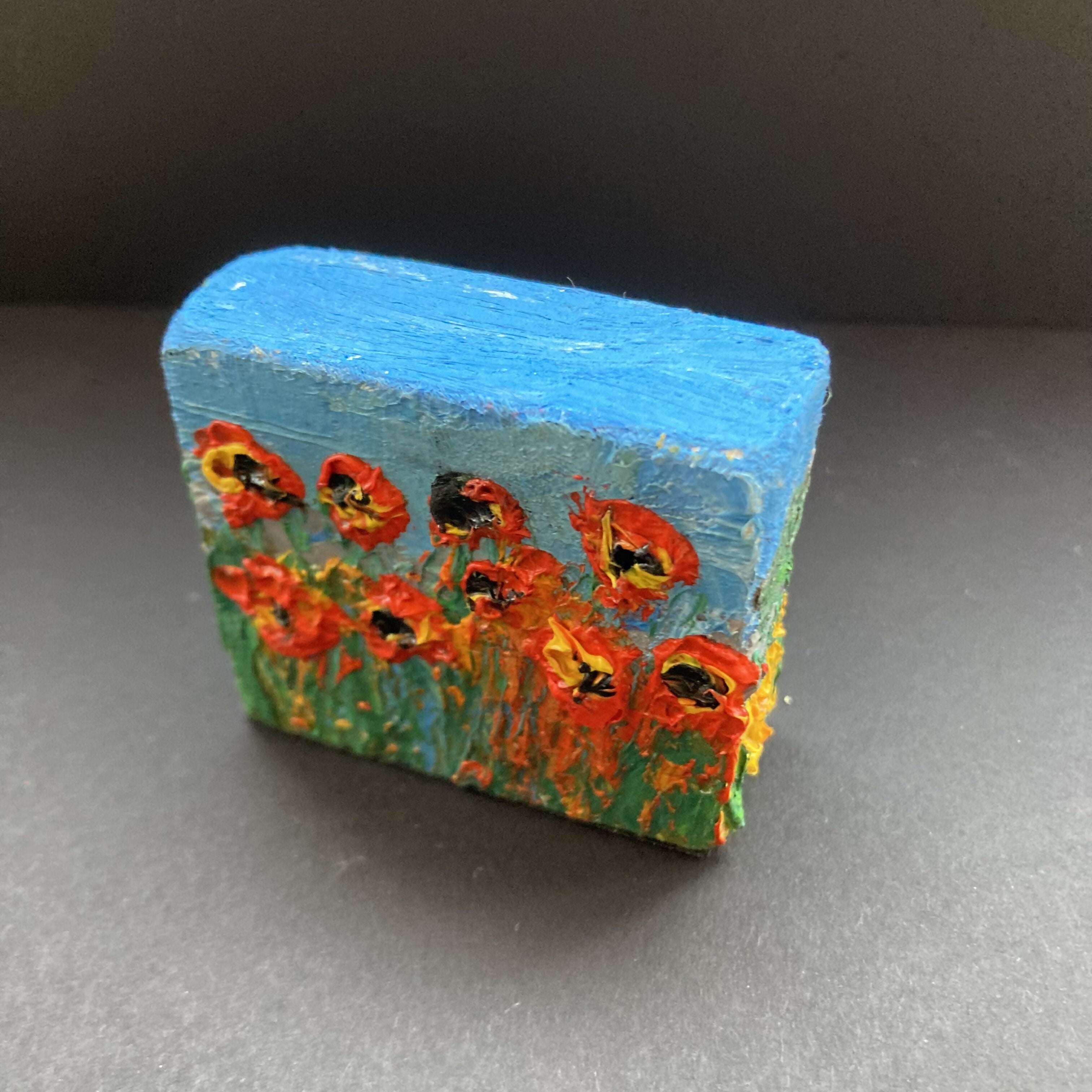 Daffodil, Heather & Poppies Daisies Oil Painting Wooden Block