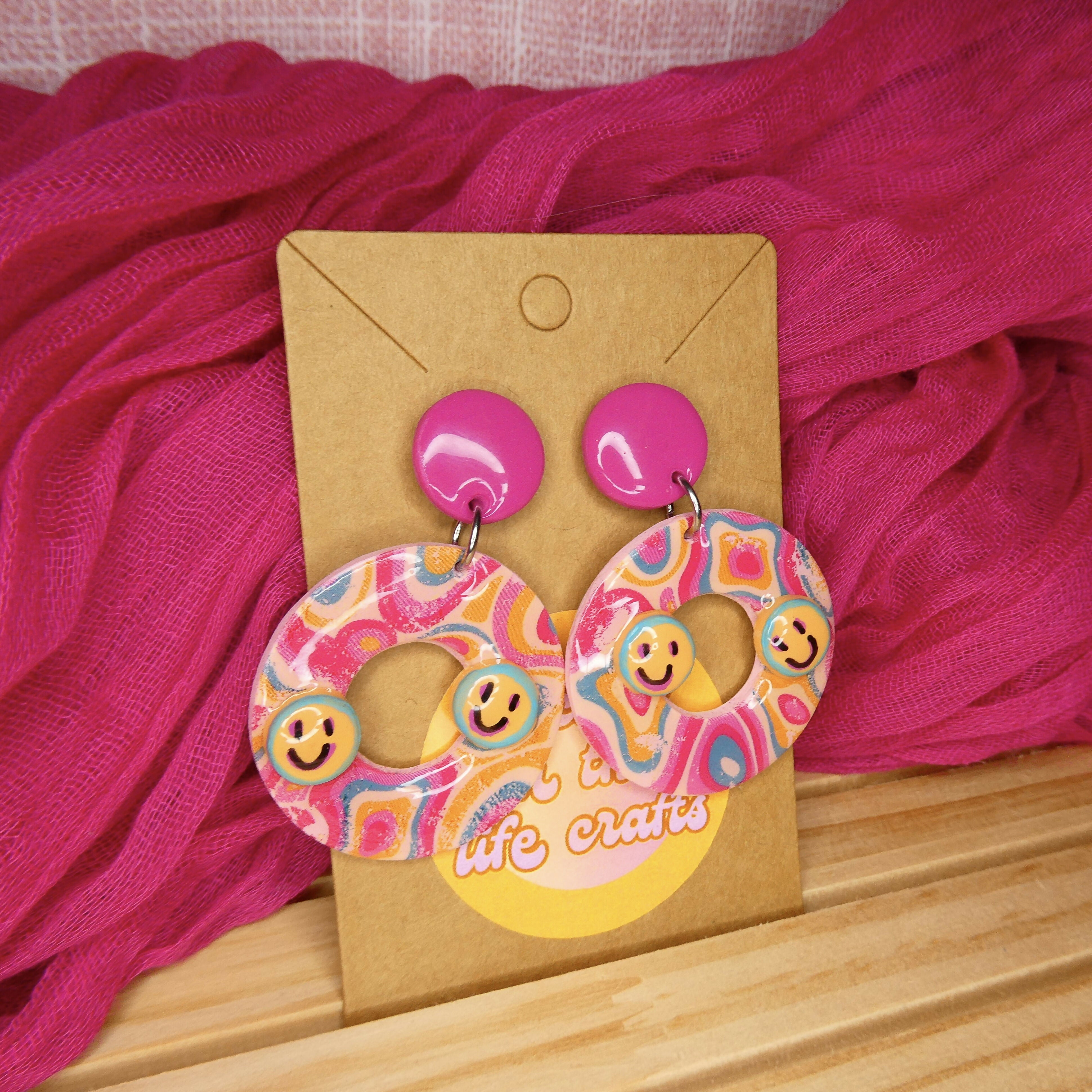 Pink And Swirly Psychedelic Big Polymer Clay Earrings With Smiley Detail