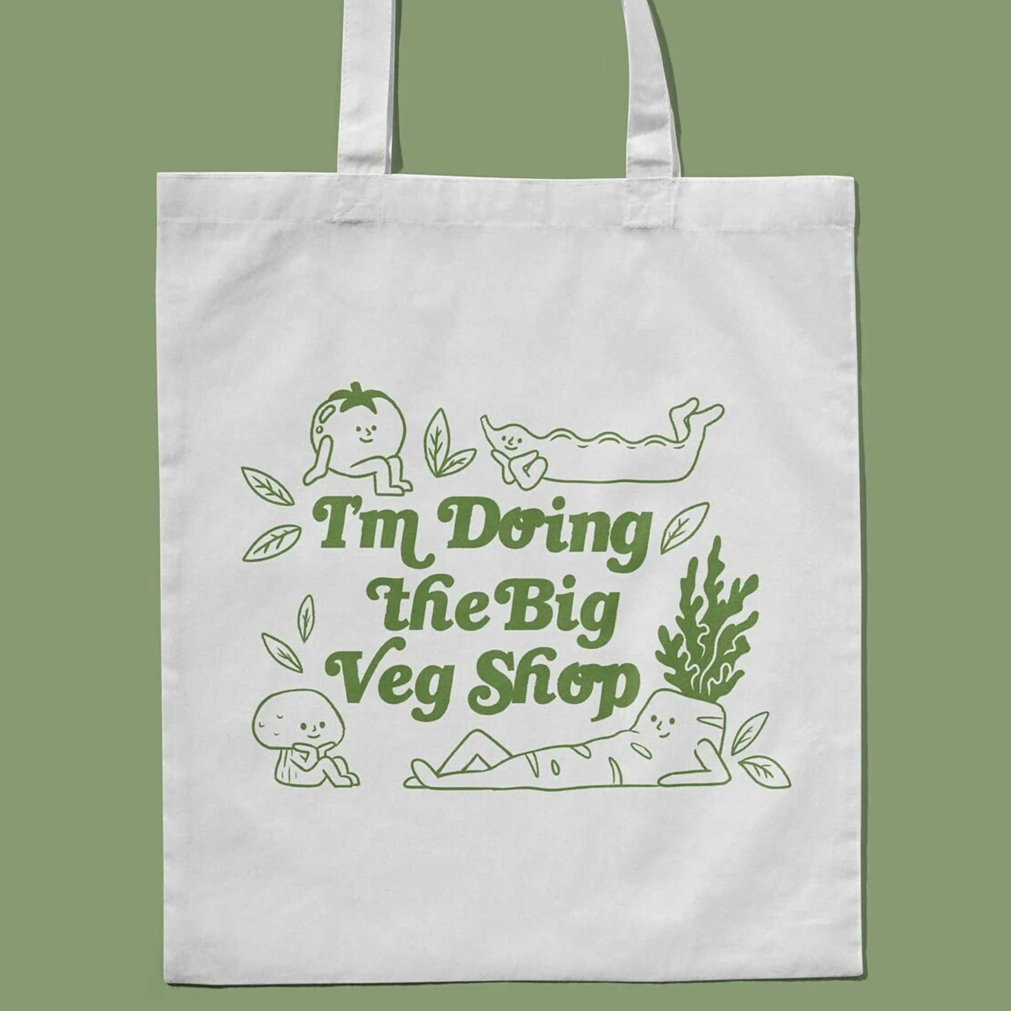 "I'm doing the big veg shop." Hand printed, illustrated, white canvas tote bag