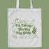 "I'm doing the big veg shop." Hand printed, illustrated, white canvas tote bag