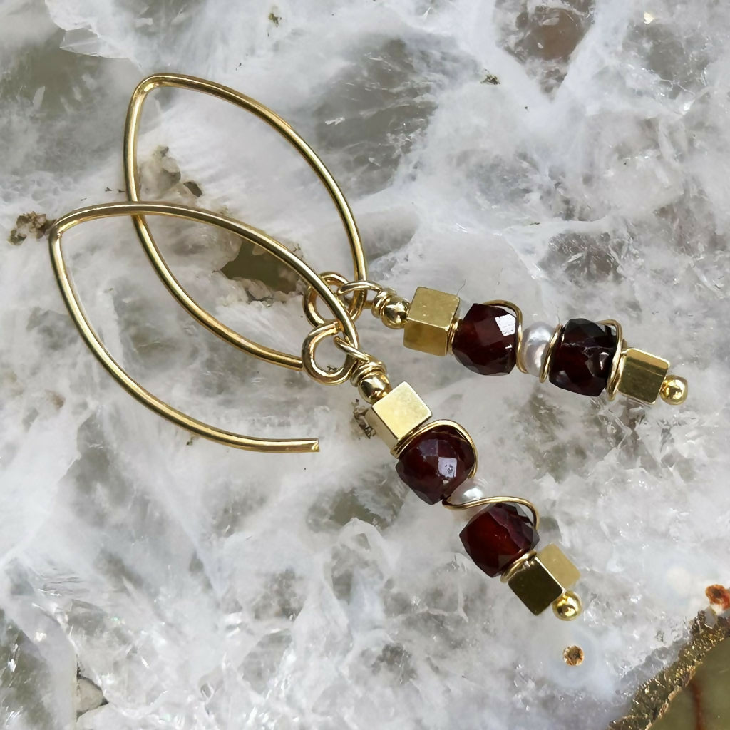 Handmade Gold Vermeil Garnet And Fresh Water Pearl Earrings