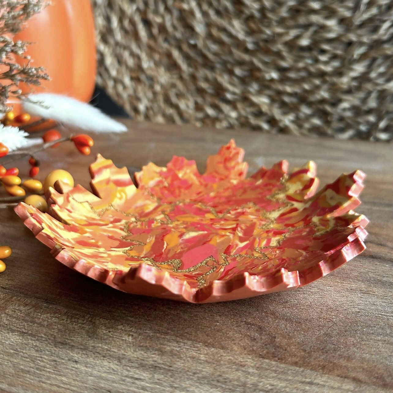 Orange Maple Leaves Polymer Clay Trinket Dish