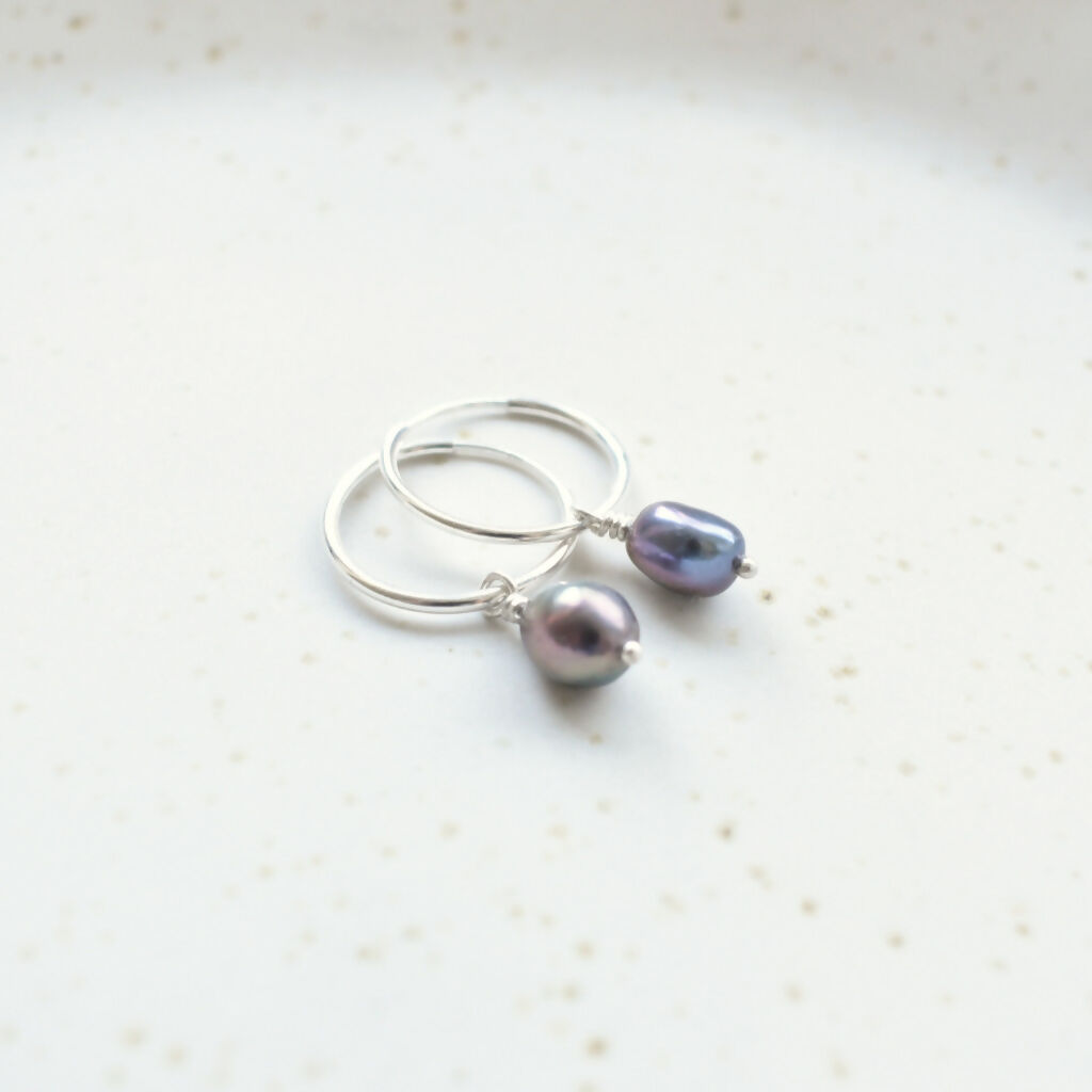 Sterling Silver & Freshwater Pearl Drop Hoop Earrings