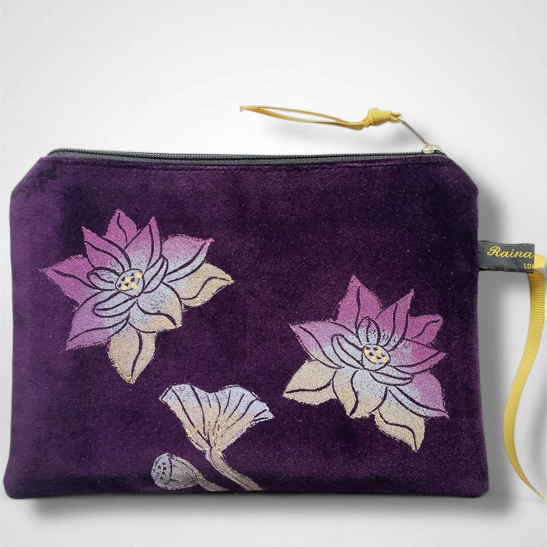 Lotus Flower Aubergine Velvet Zip-Up Pouch with Wrist Strap