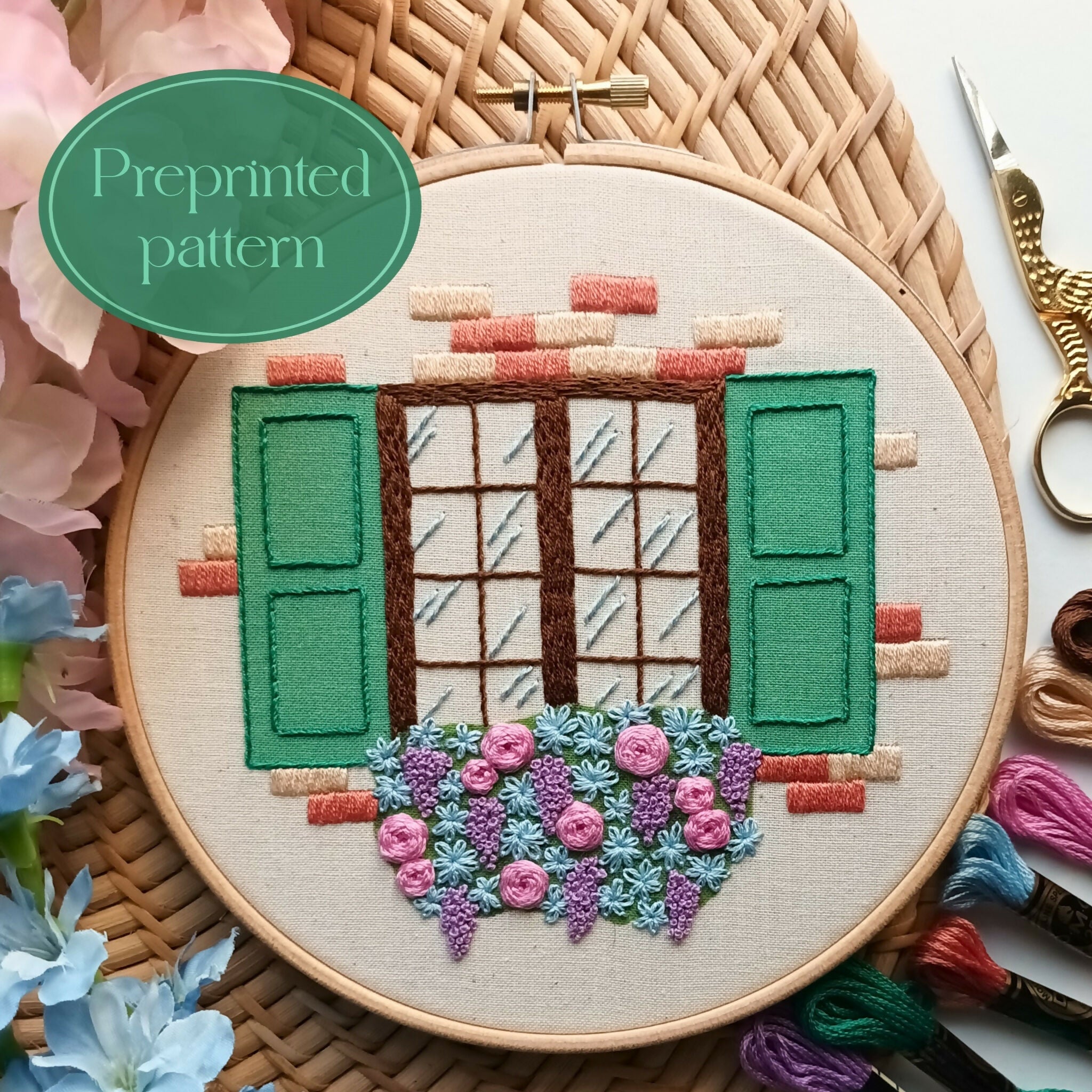 Preprinted Embroidery Pattern For Beginners - Window Flowers