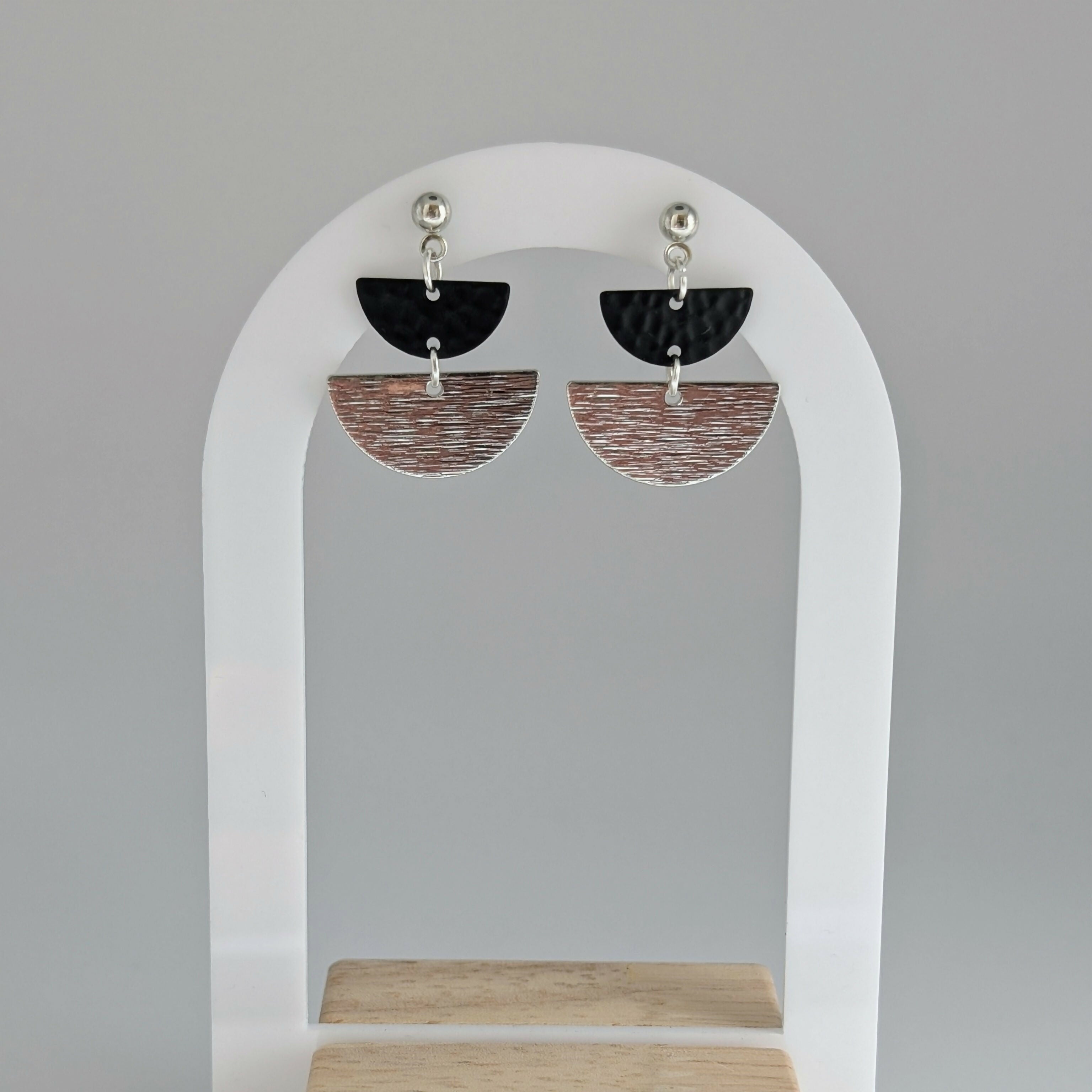 Geometric Black and Silver Half Moon Earrings on Silver Plated Ball Stud