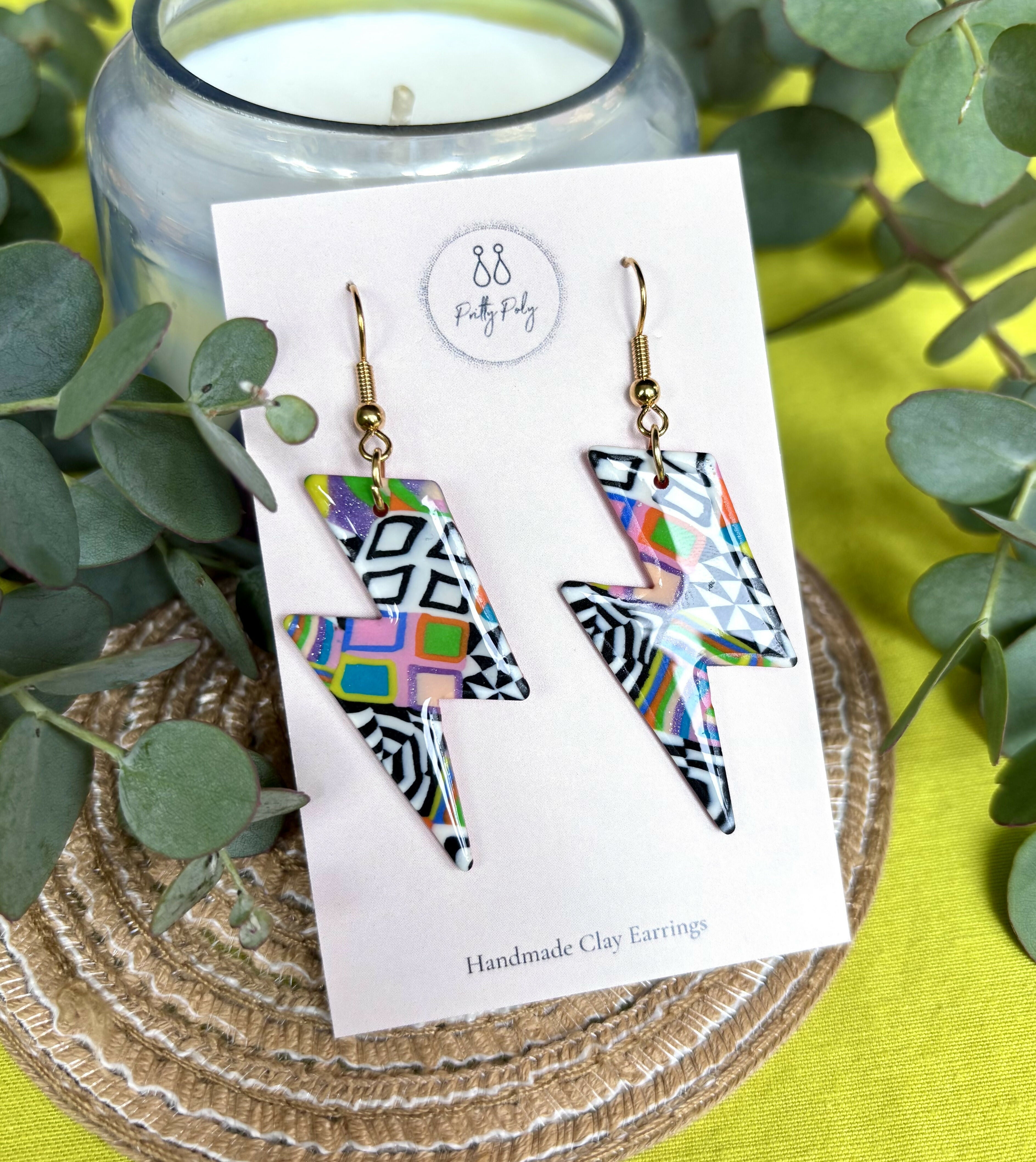 Funky Pattern Collection - Lightening Bolts Polymer Clay Earrings Hooks