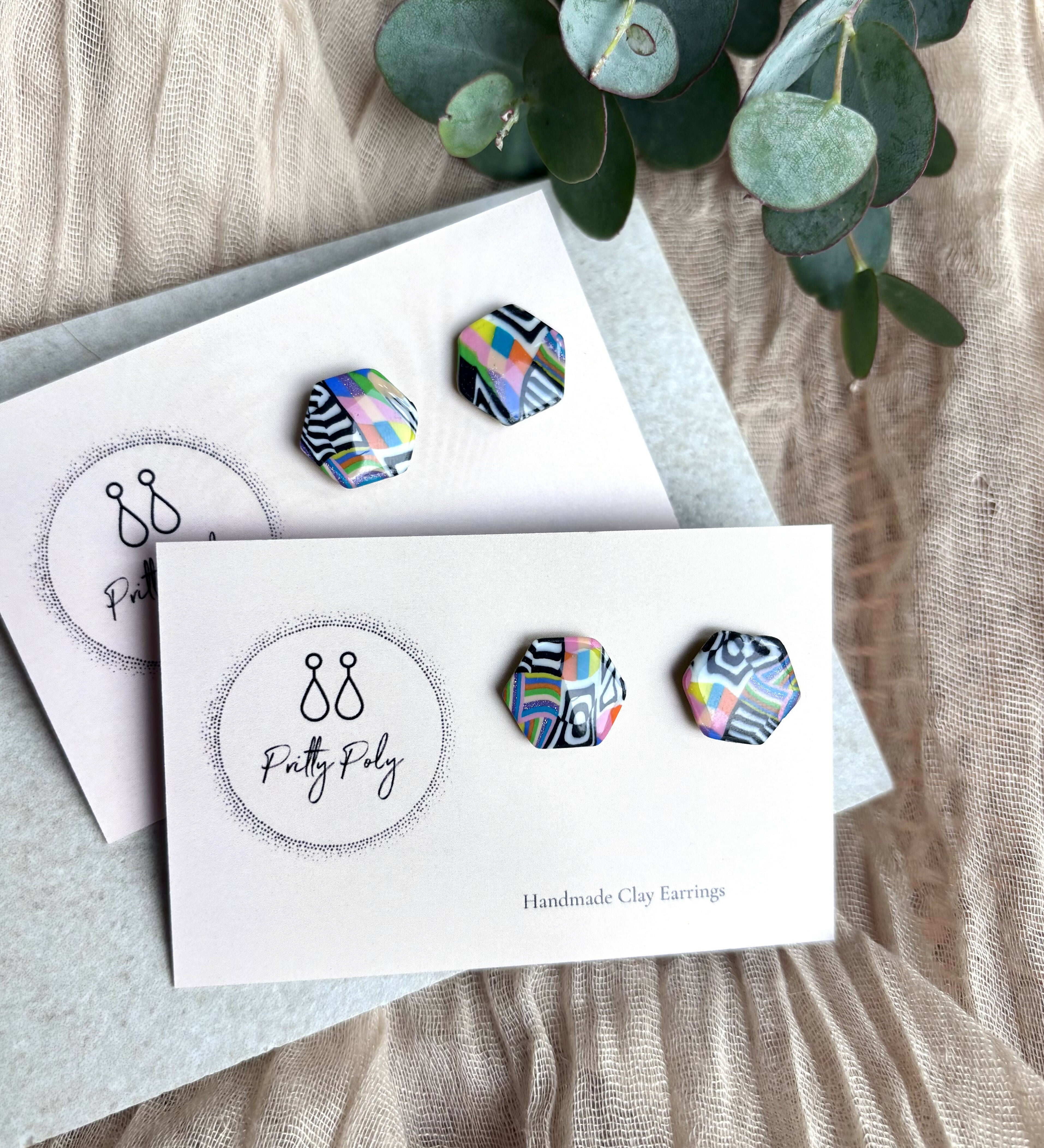 Colour, Black and Pattern Hexagon Polymer Clay Studs