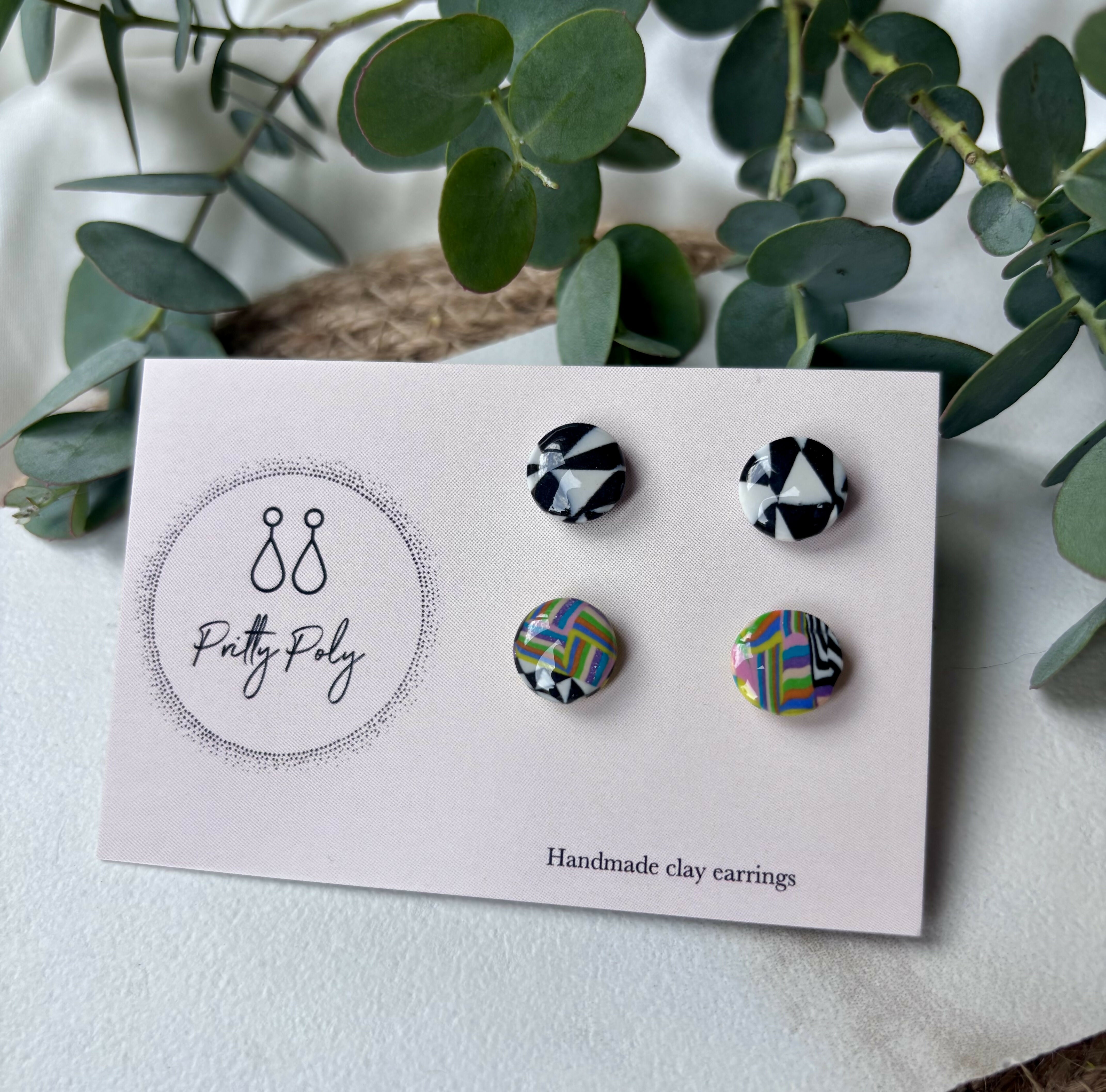Polymer Clay Stud Pack - Black and White and Colour Pattern