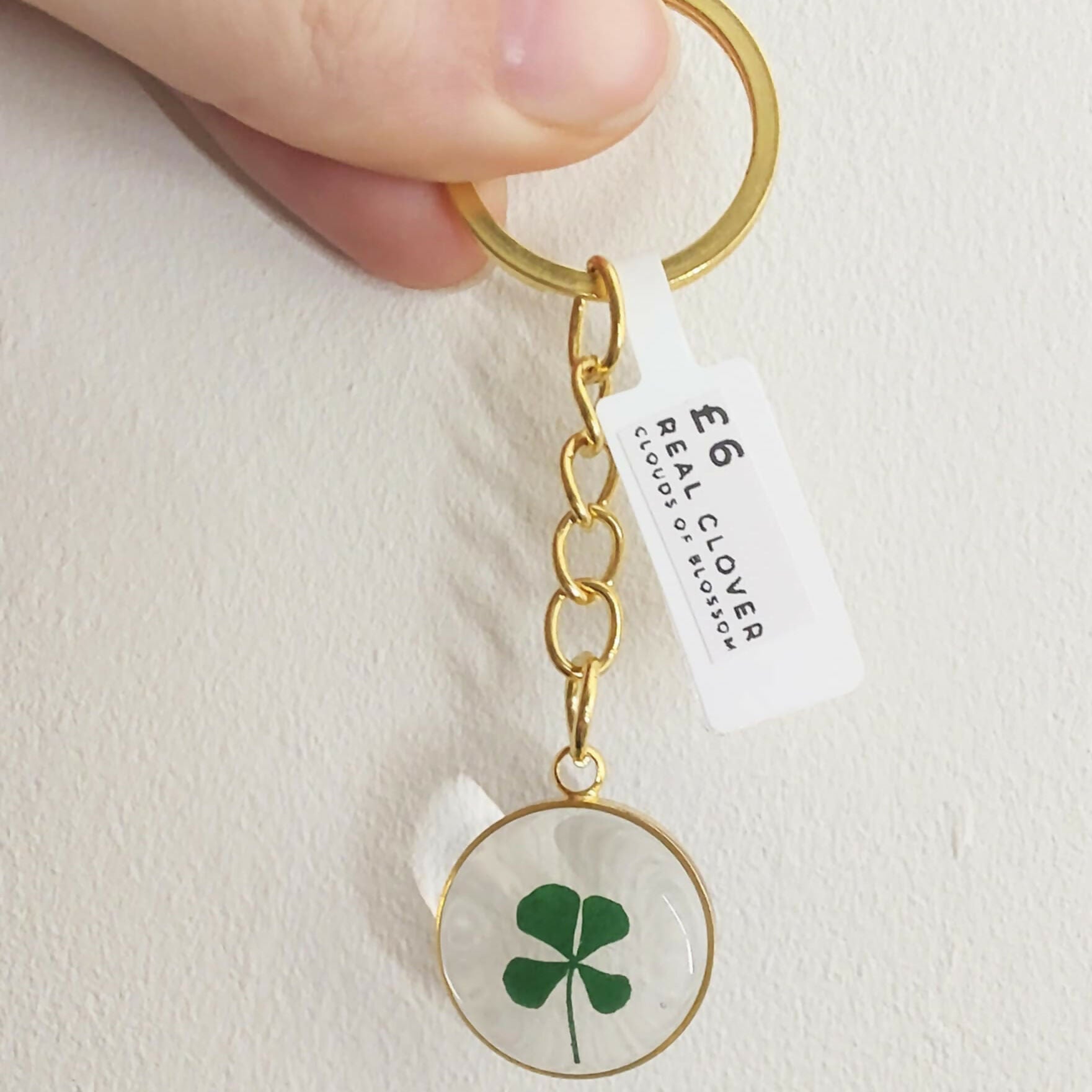 Real Pressed Clover Keyring Gold Plated
