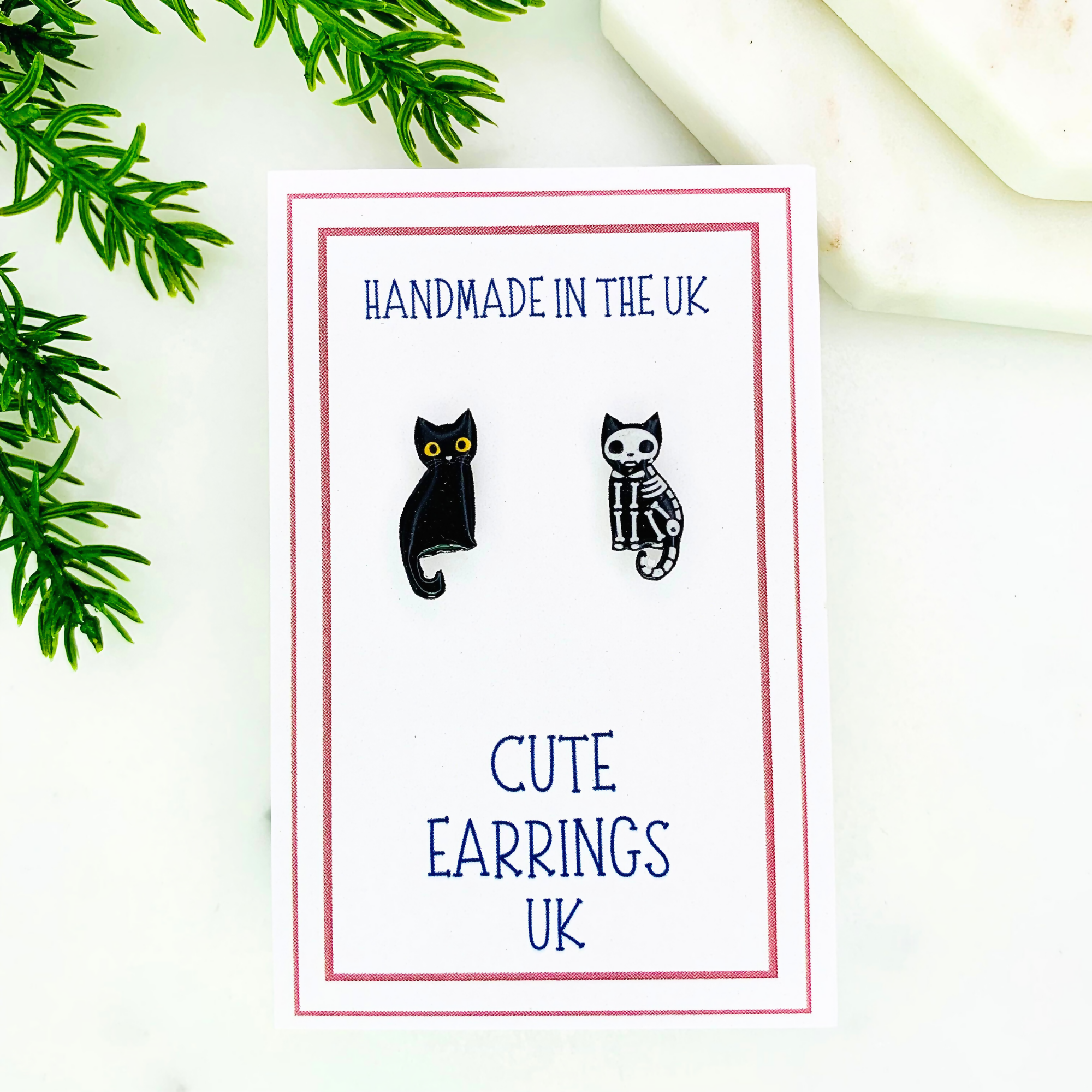 Black Cat & Skeleton Cat Mismatched Stud Earrings.