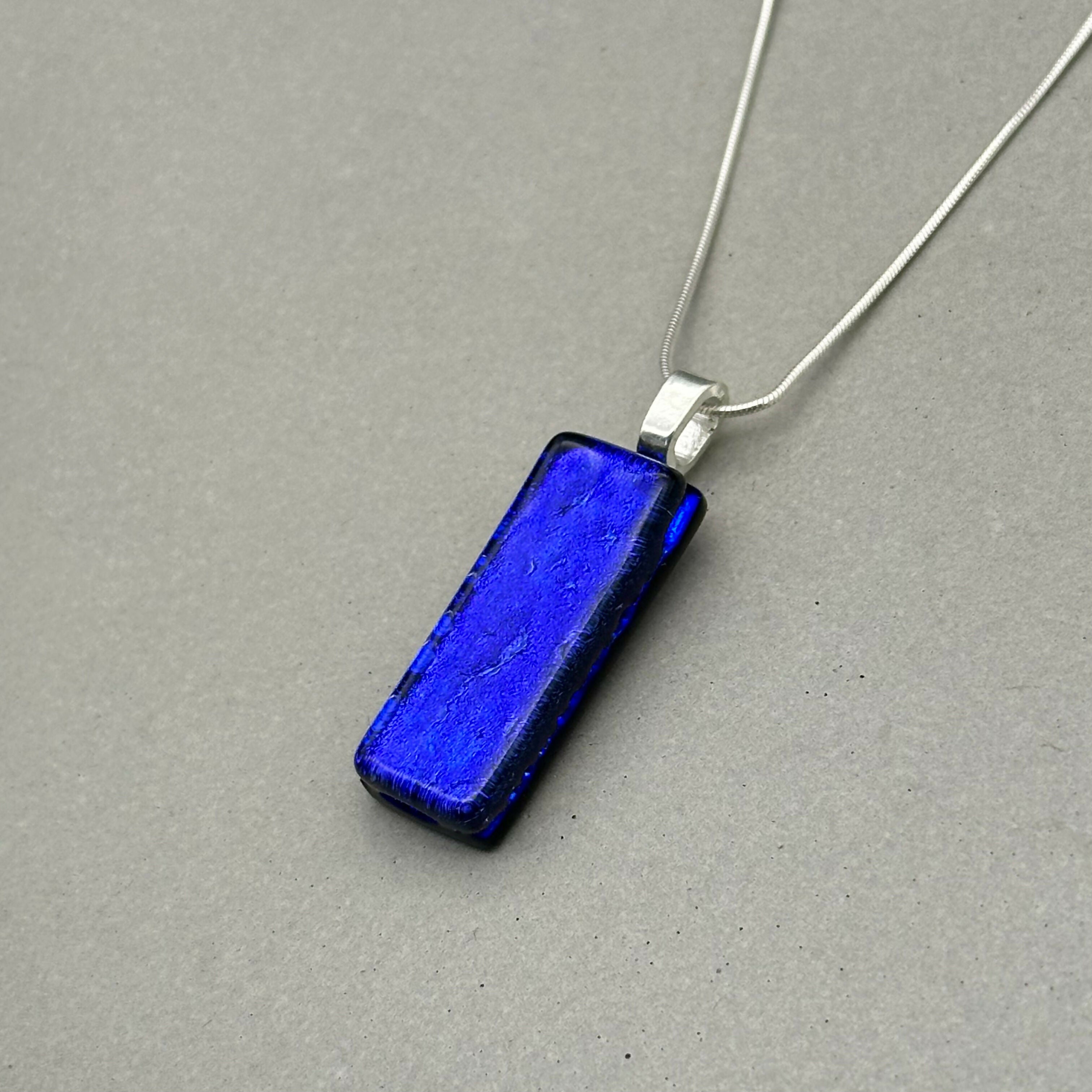 Cobalt Blue Dichroic Fused Glass Pendant with Silver Plated Chain - Handmade by Jade Tapson Glass.