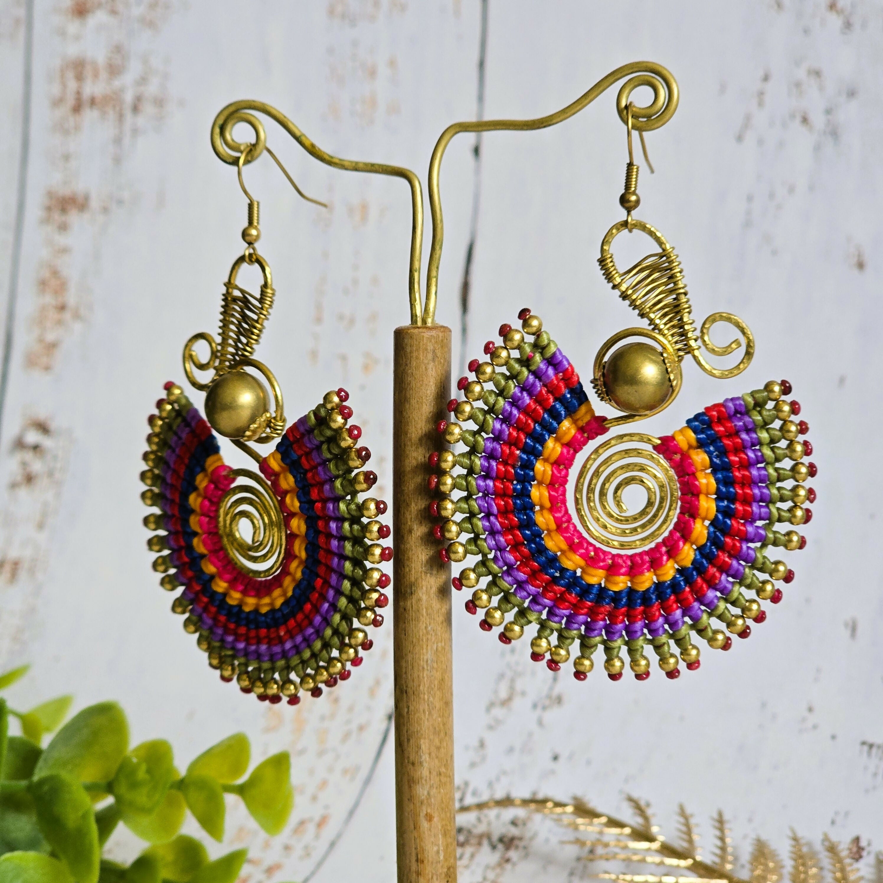 Rainbow Macrame Earrings: Gold Brass Spiral Boho Statement Earrings