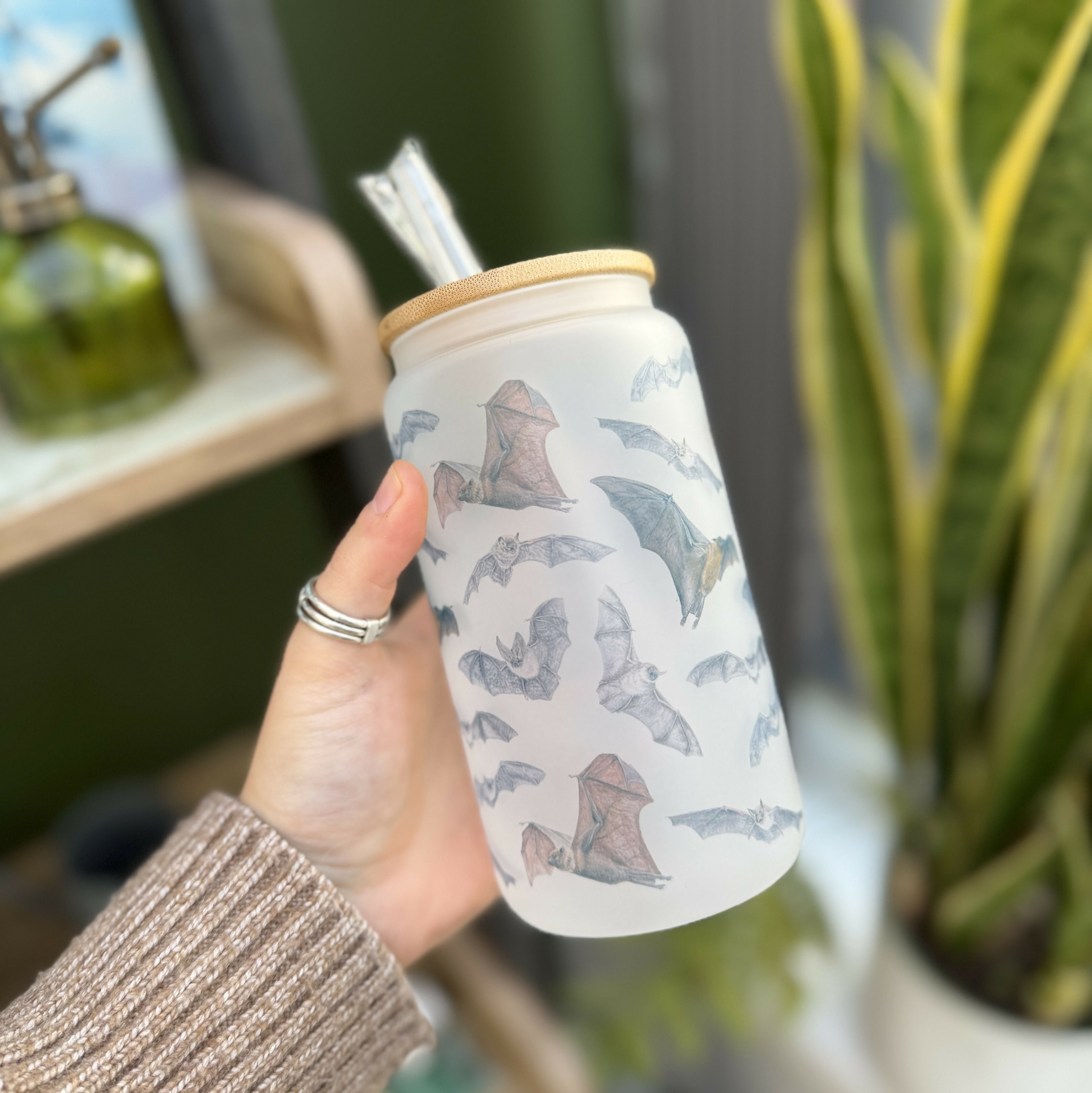 Bat - 16oz Glass Tumbler with Bamboo Lid and Glass Straw