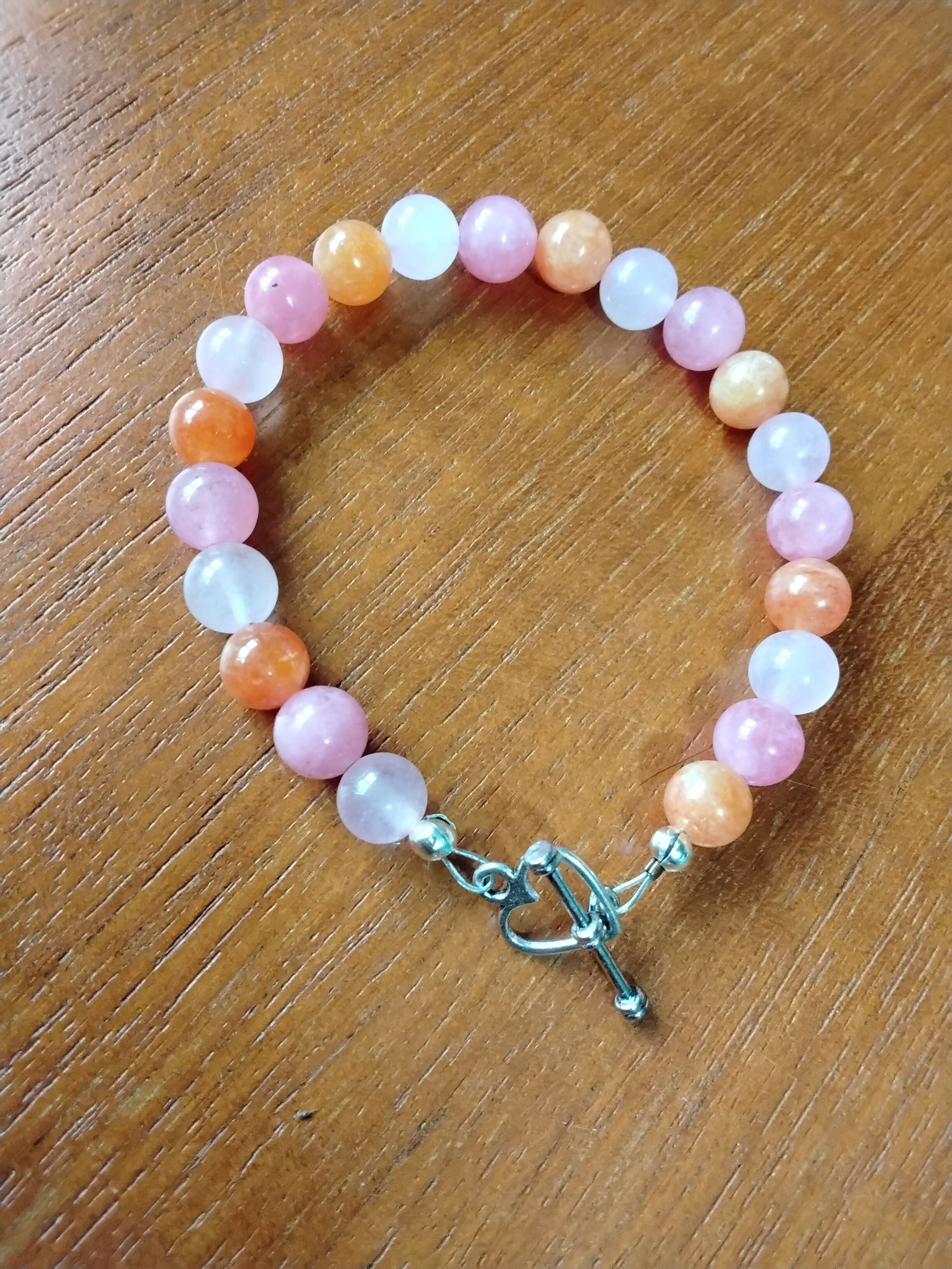 Tibetan Silver Toggle Catch Bracelet with Rose Quartz, Strawberry Quartz and Orange Chalcedony.
