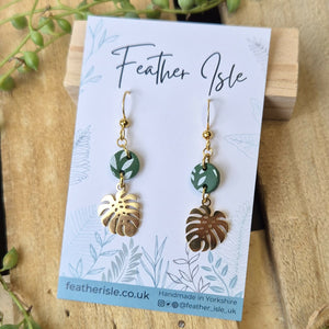 White And Green Leaf Print And Cheese Plant Charm Earrings