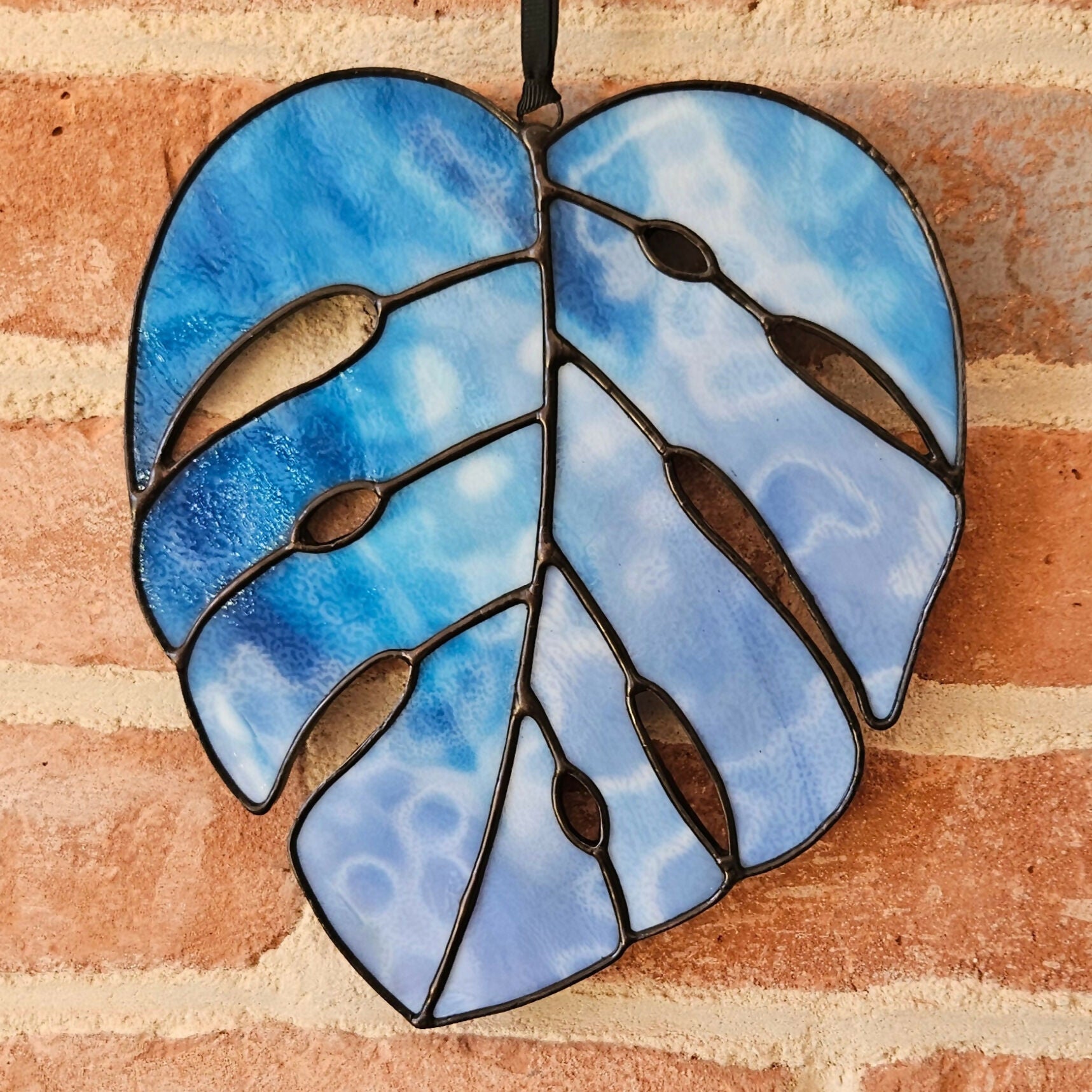 Mottled Blue Stained Glass Monstera Leaf