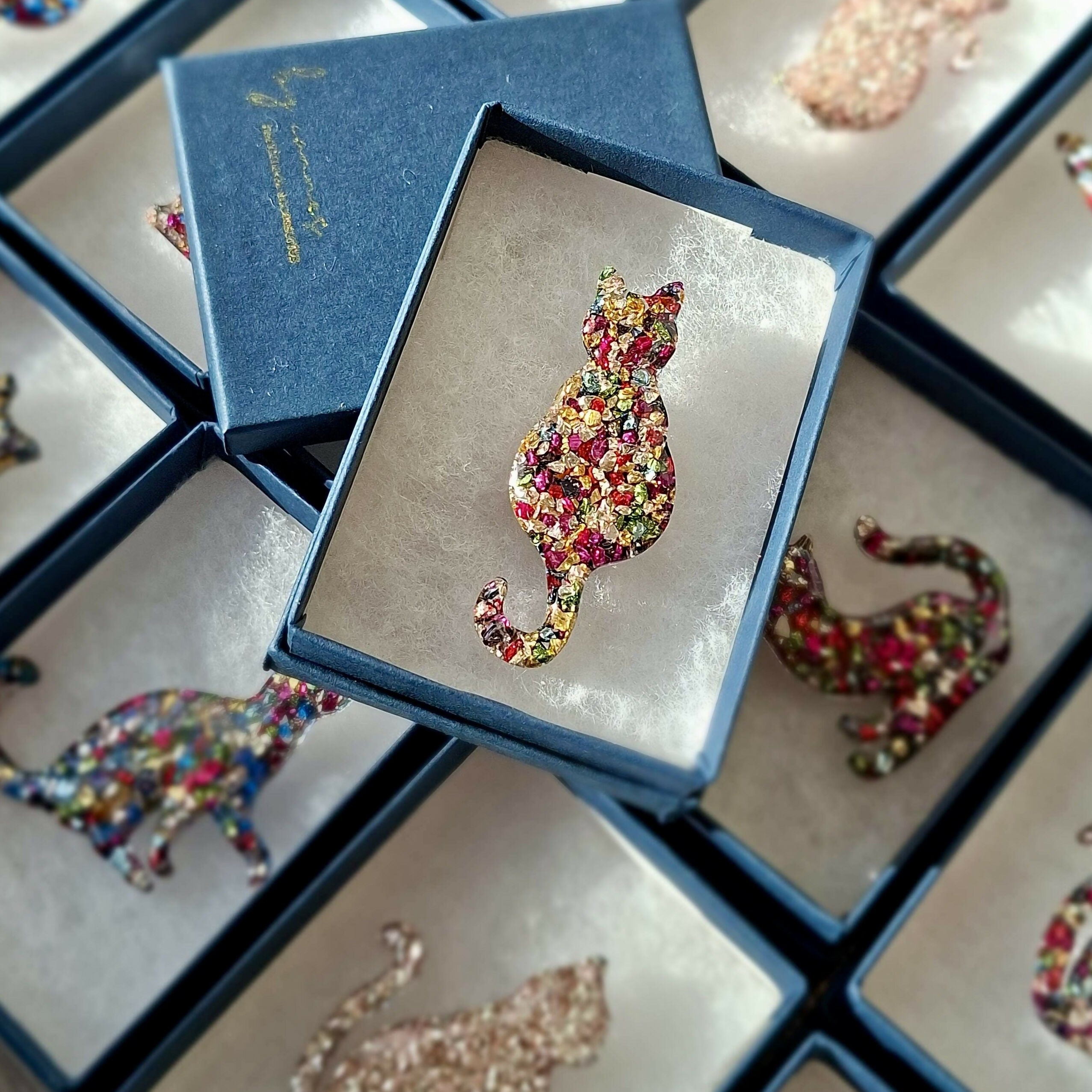 Hand Cast Mosaic Resin Cat Brooch