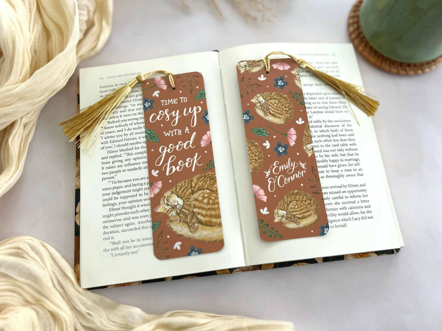 Ginger Tabby Cat Floral Bookmark