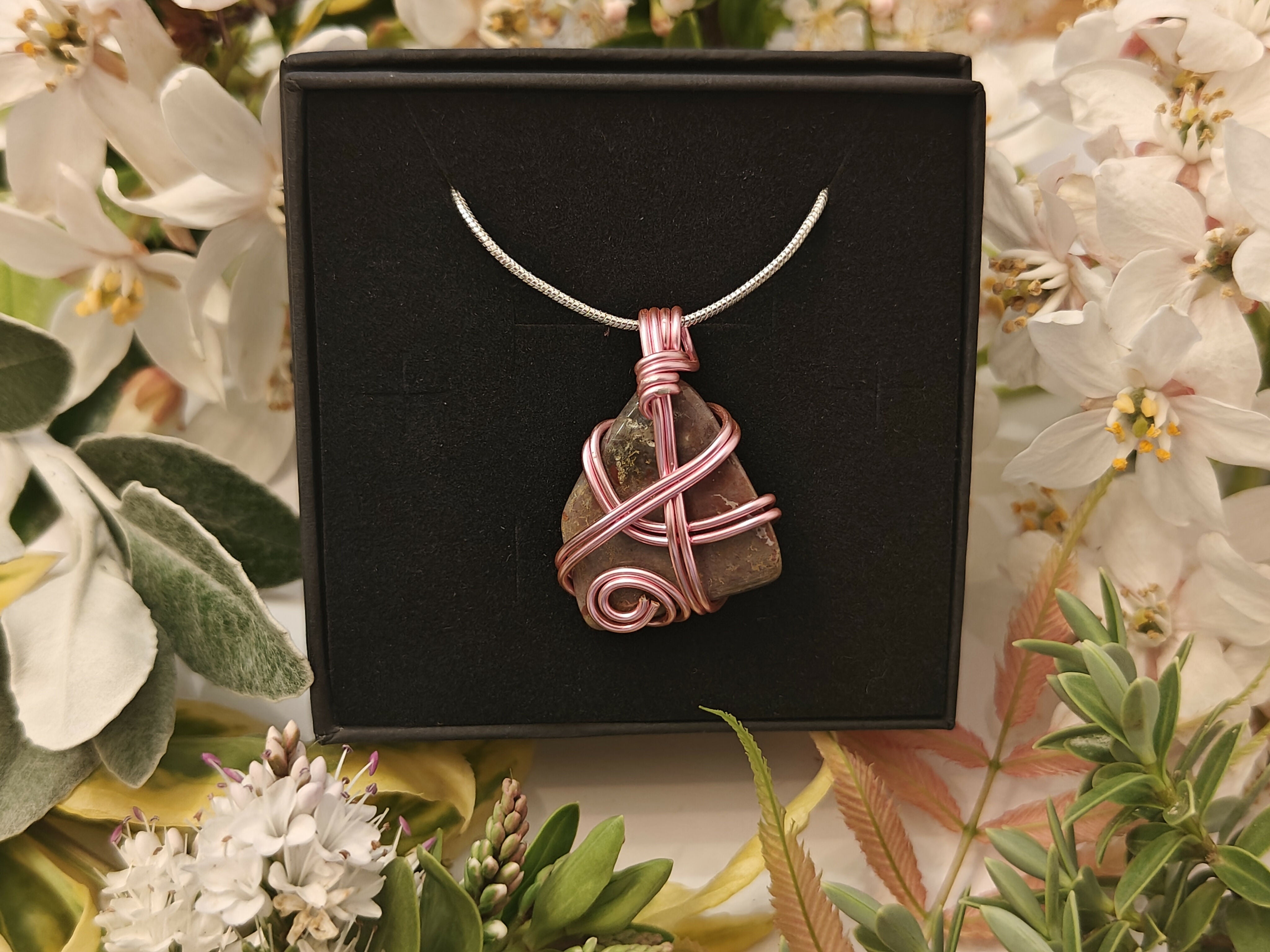 Jasper Wire Wrapped Crystal Necklace on Sterling Silver Chain